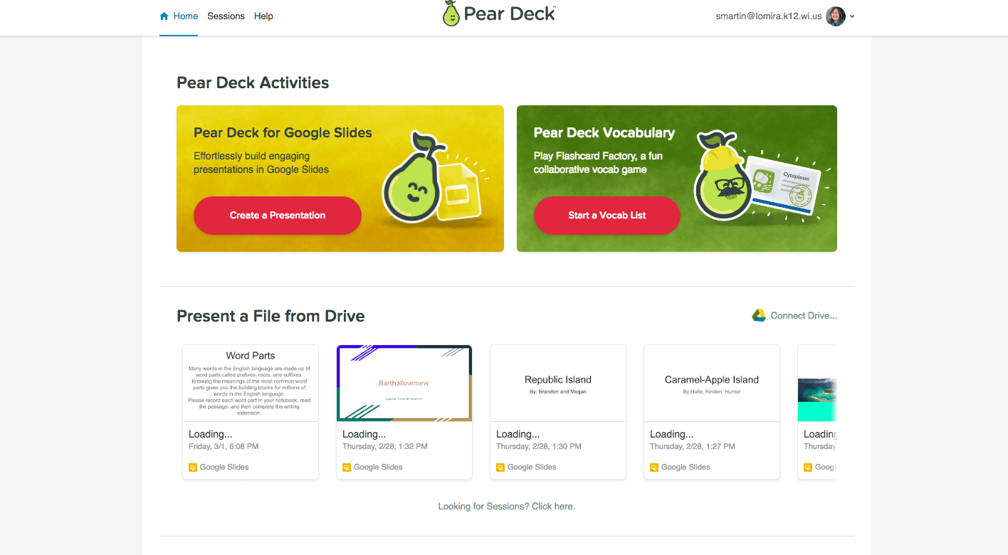 Pear Deck: Logged In Screen