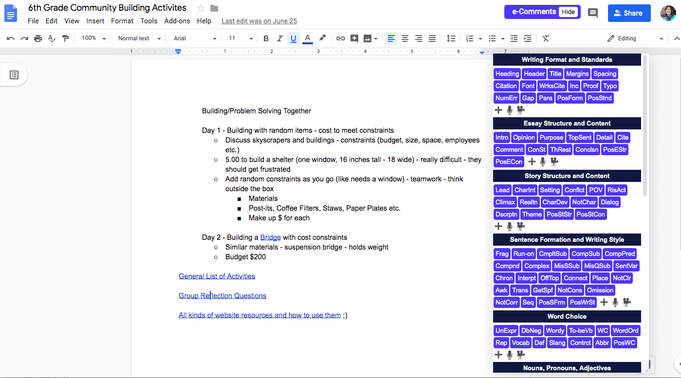 e-comments screenshot of suggestions