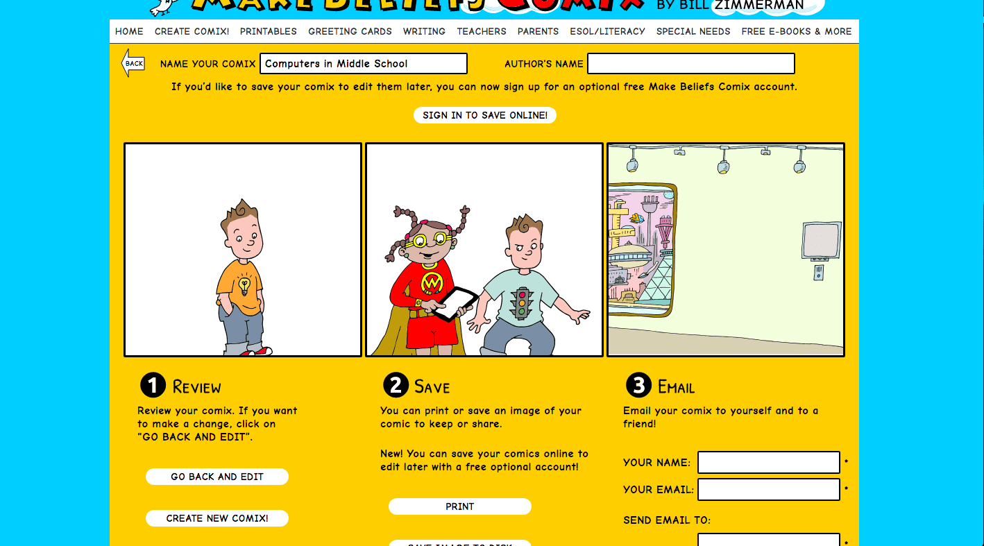 Make Beliefs Comix save screen