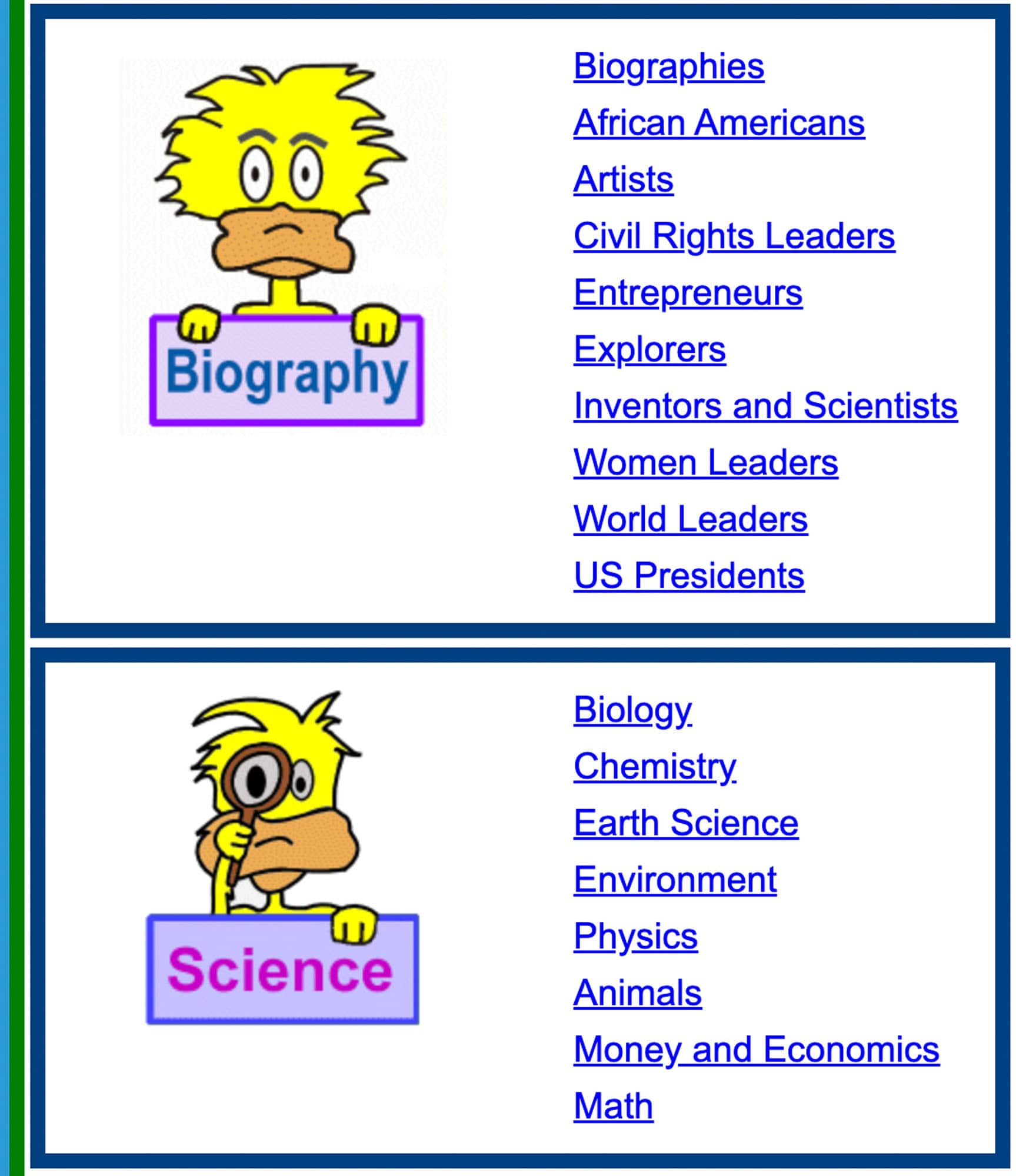 A screenshot of Ducksters lessons on biographies and science