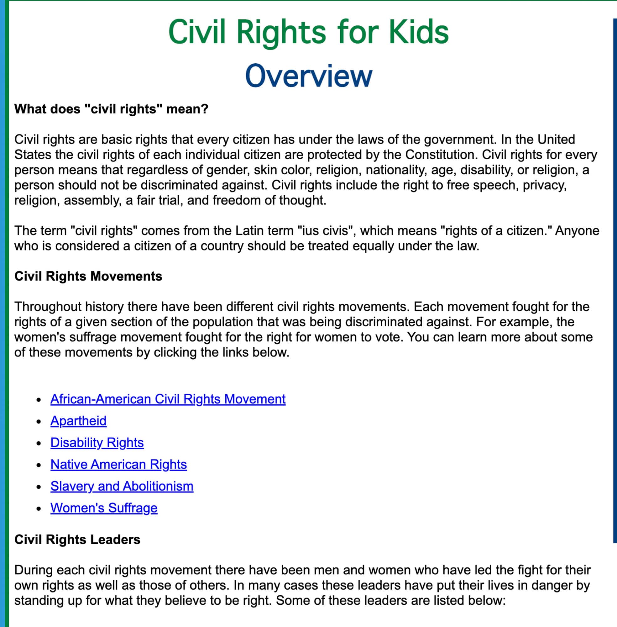 Screenshot of a civil rights lesson from Ducksters
