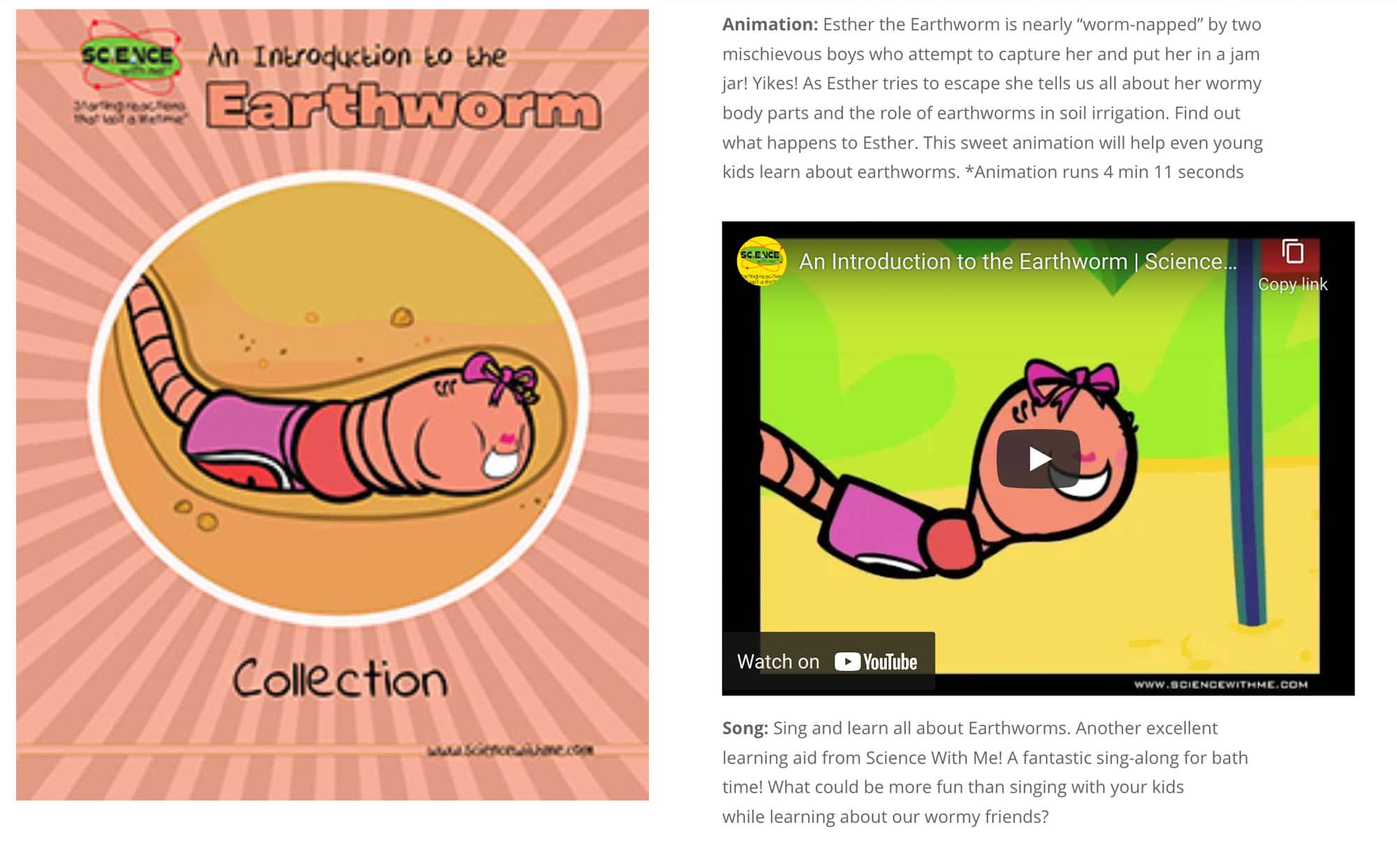 A cartoon image of a worm showing a lesson from Science with Me