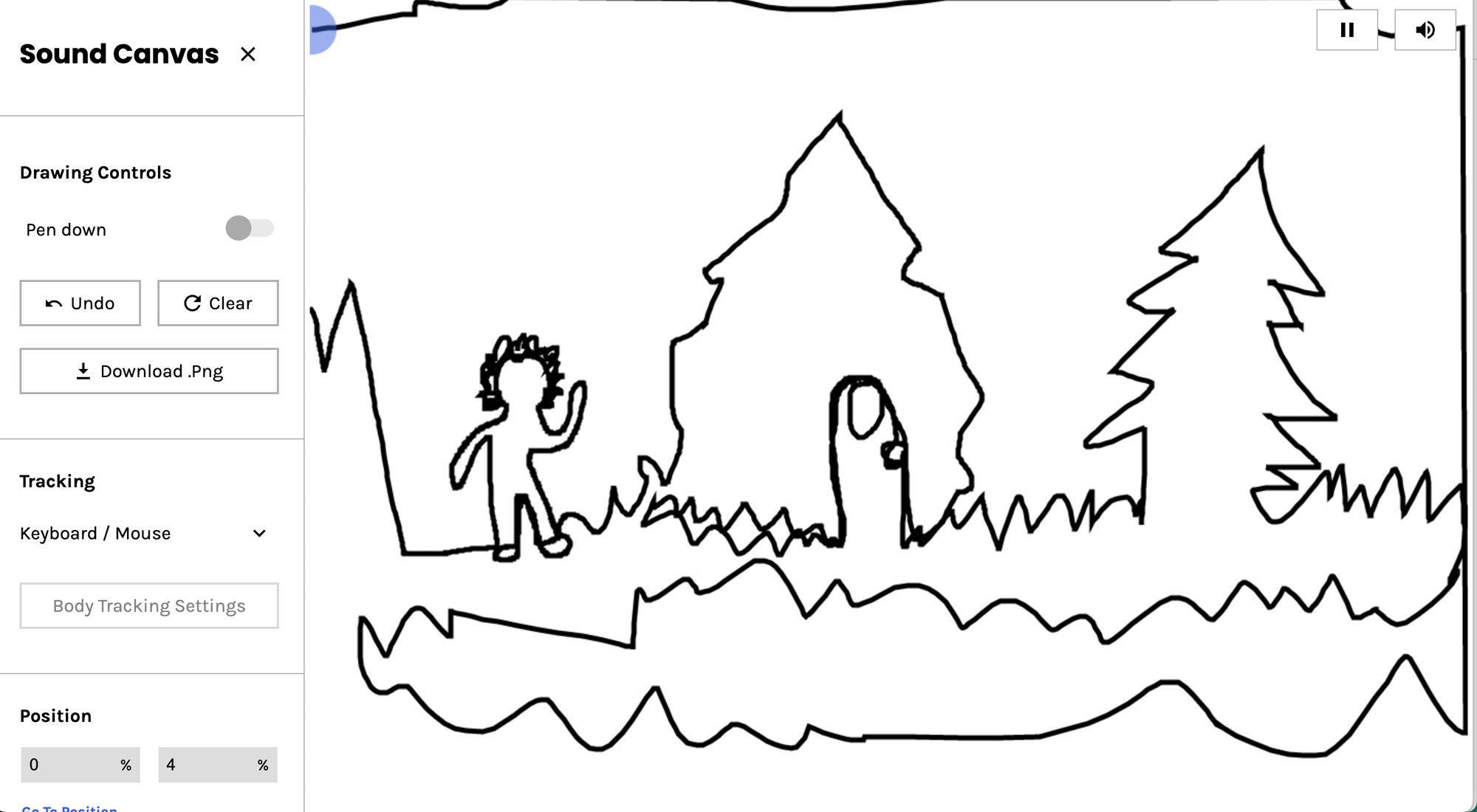 A picture drawn with Chrome Experiments Sound Canvas. Black and white line art that looks like people in a forest.