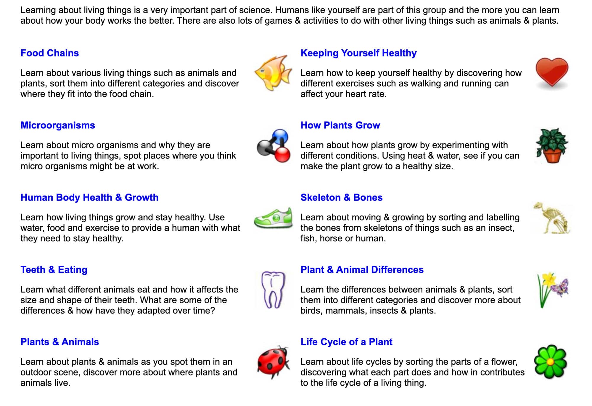 Screenshot of Science Kids' experiment selection page