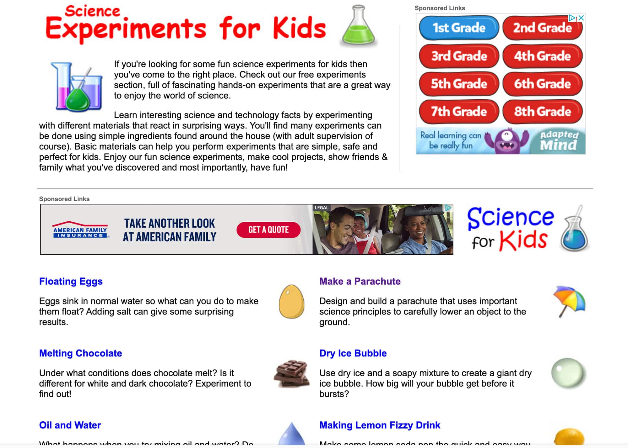 Screenshot of science experiments for kids page on Science Kids