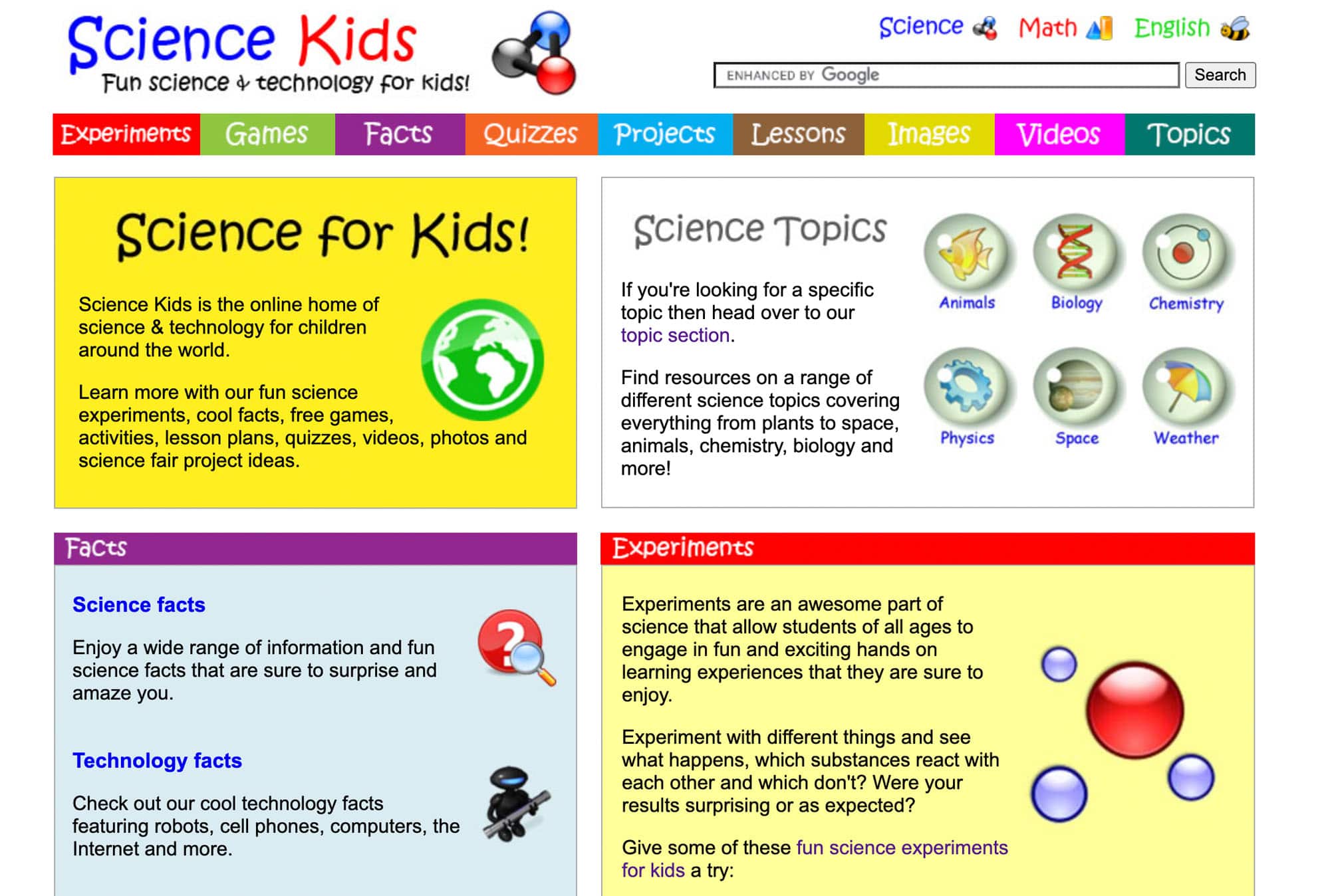 Screenshot of Science Kids home page