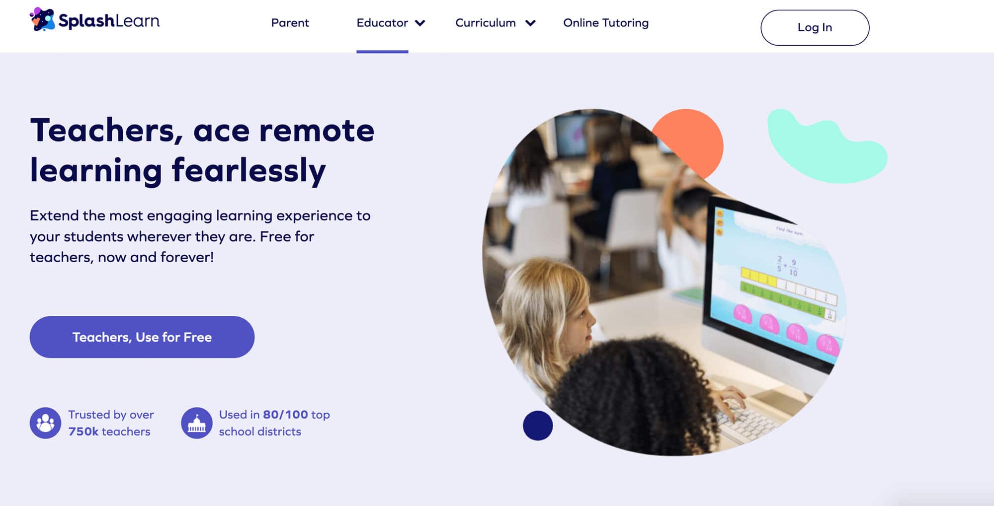 Screenshot of the SplashLearn home page