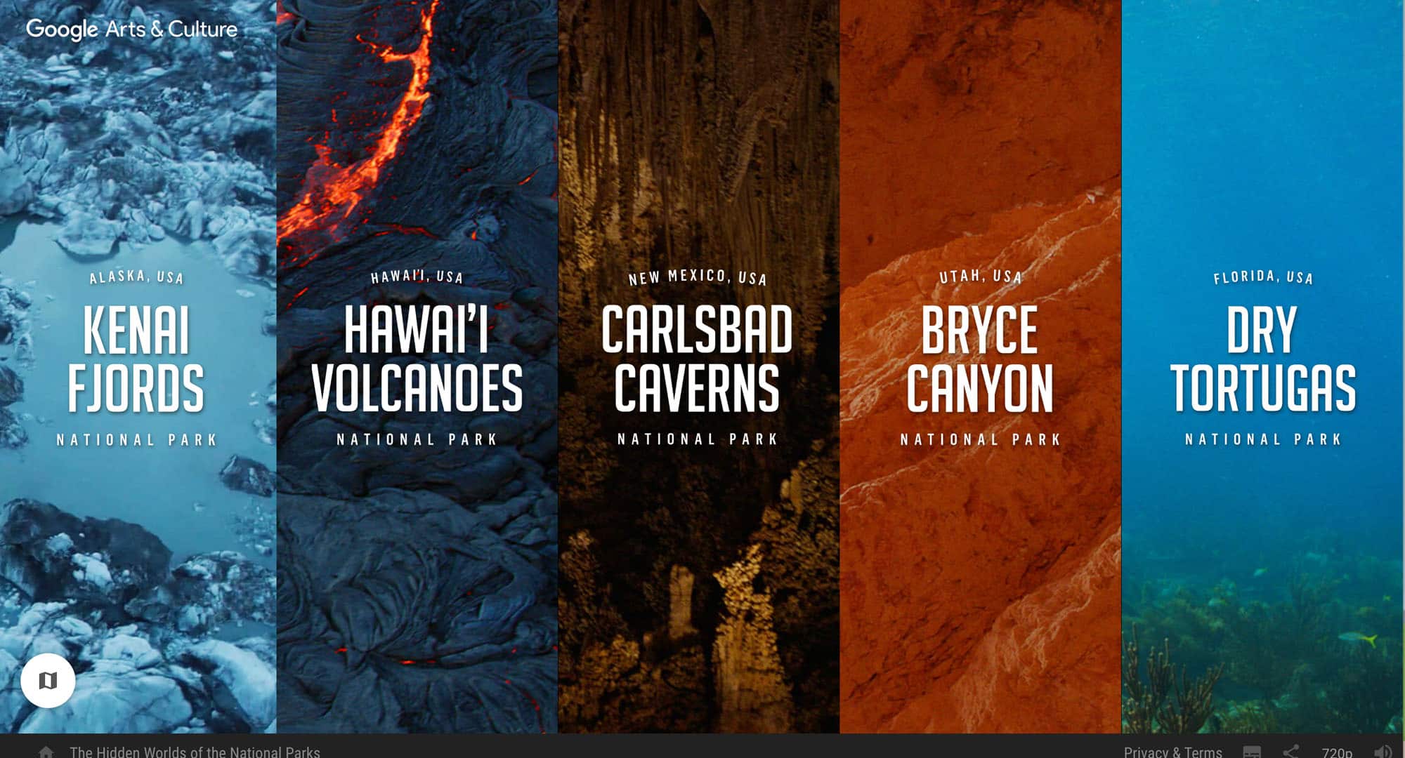 Entrance page of The Hidden Worlds of the National Parks page with selectors for different national parks