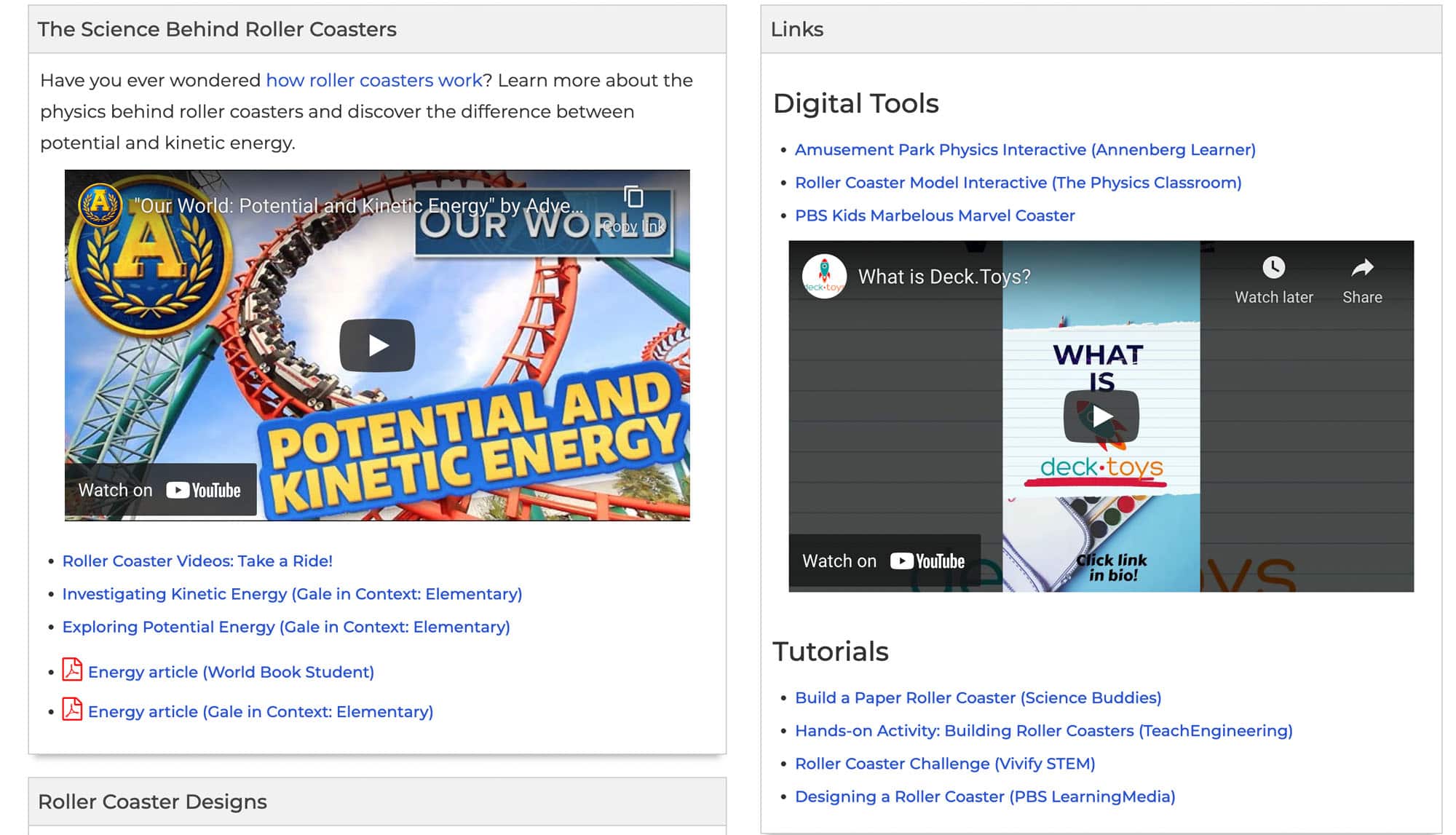 Screenshot of the NSU Roller coasters page with video screengrabs