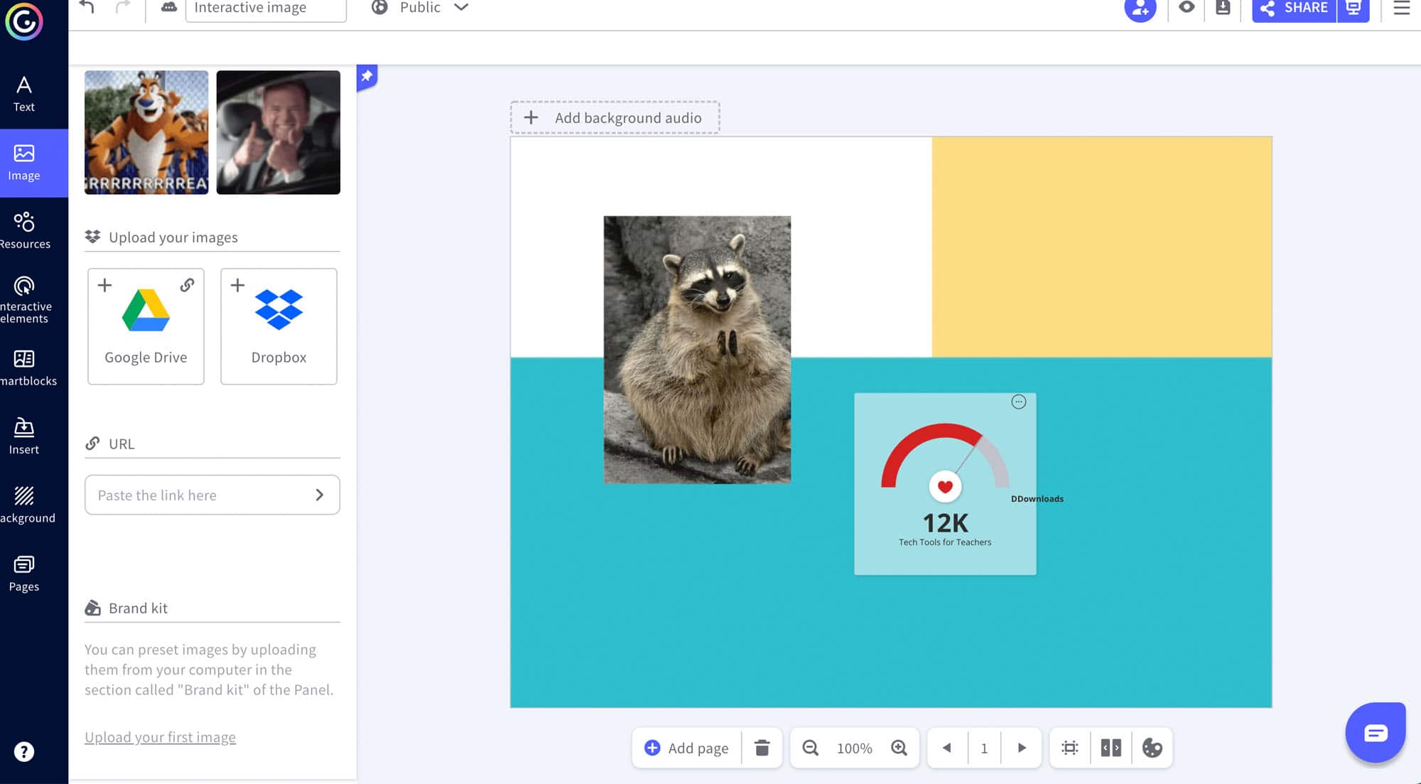 Genially screenshot with a photo of a raccoon being designed into a poster