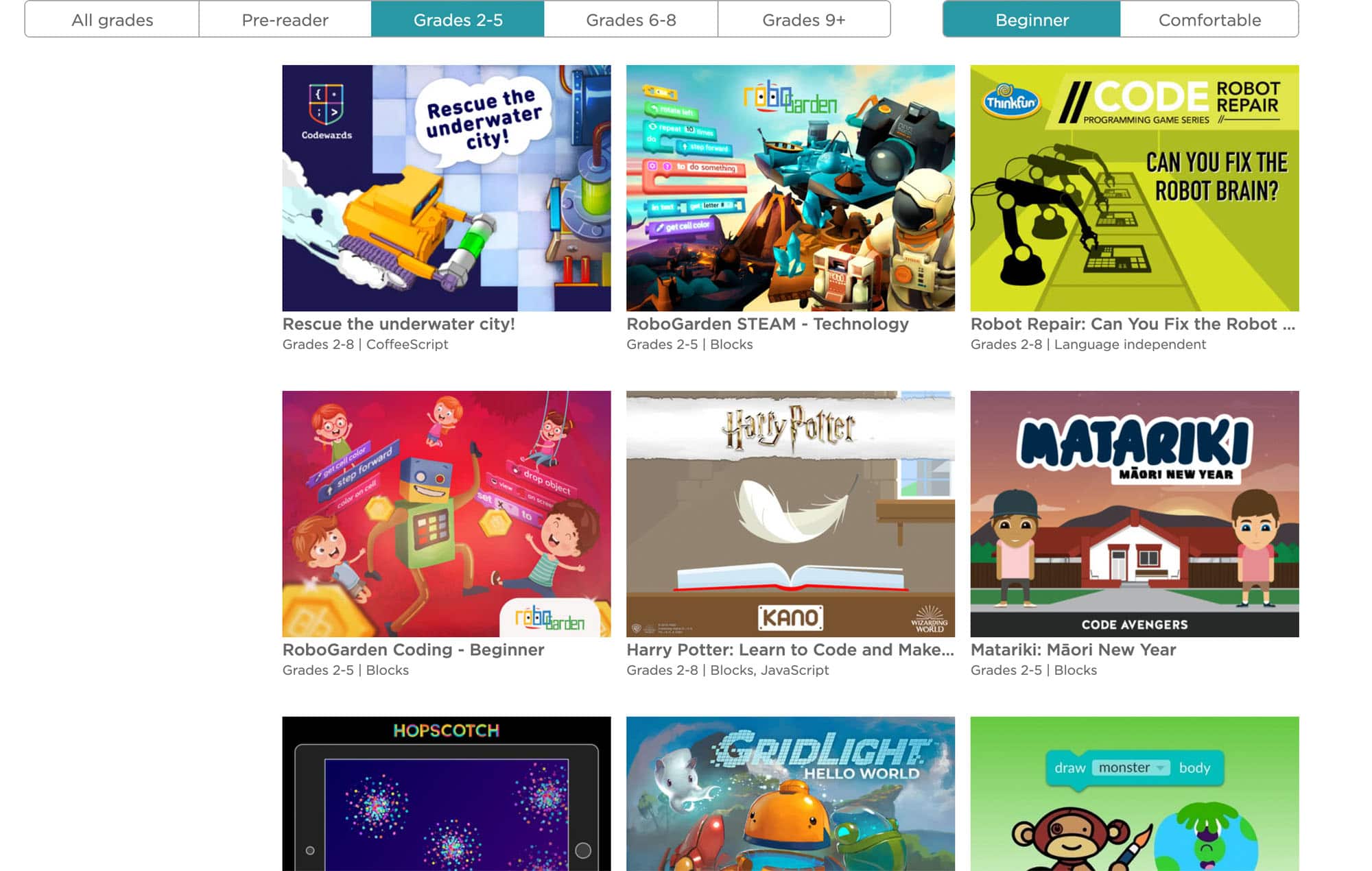 Hour of Code selection page