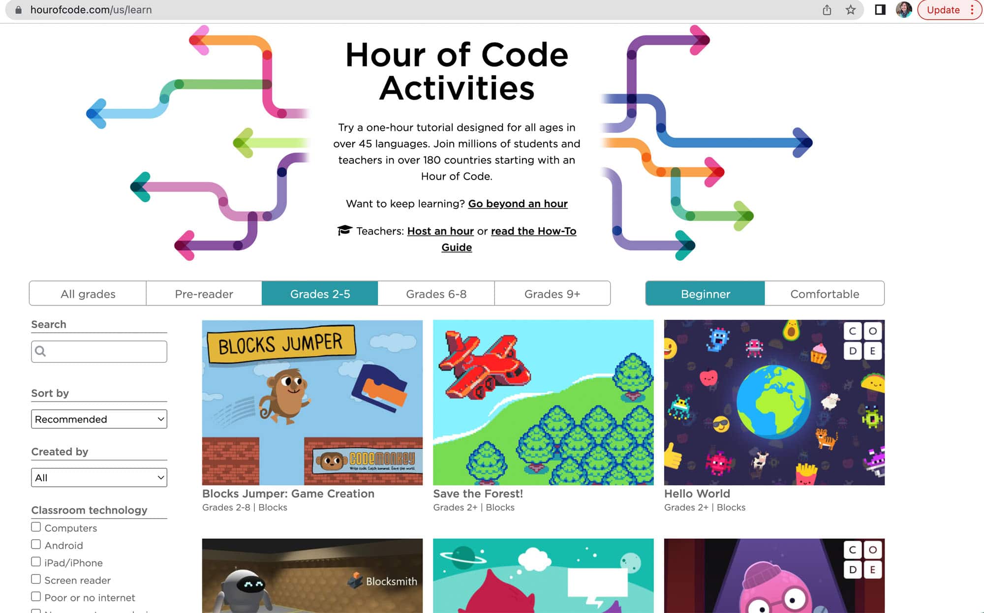 Hour of Code activities page