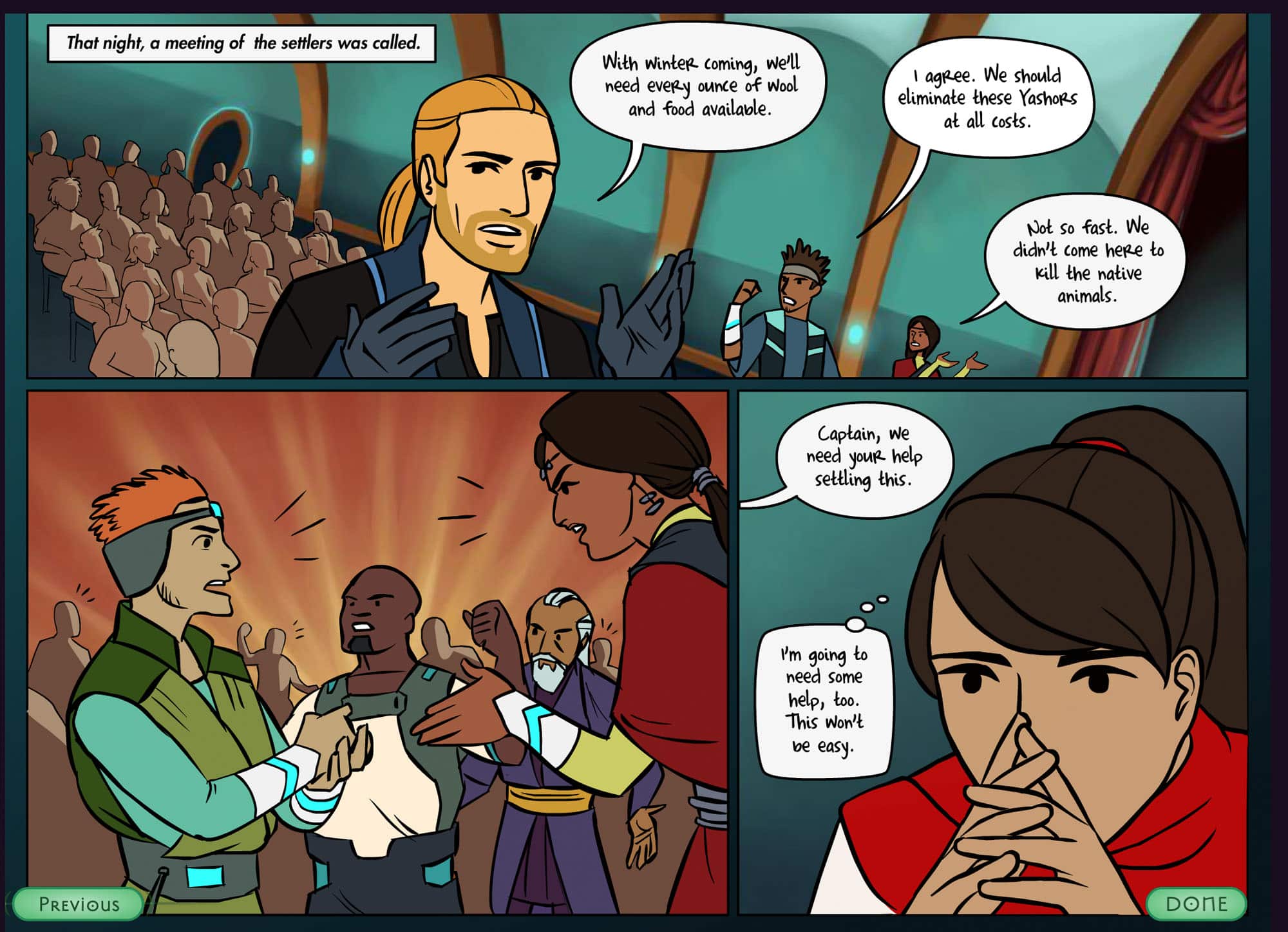 Graphic novel page with cartoons talking to one another