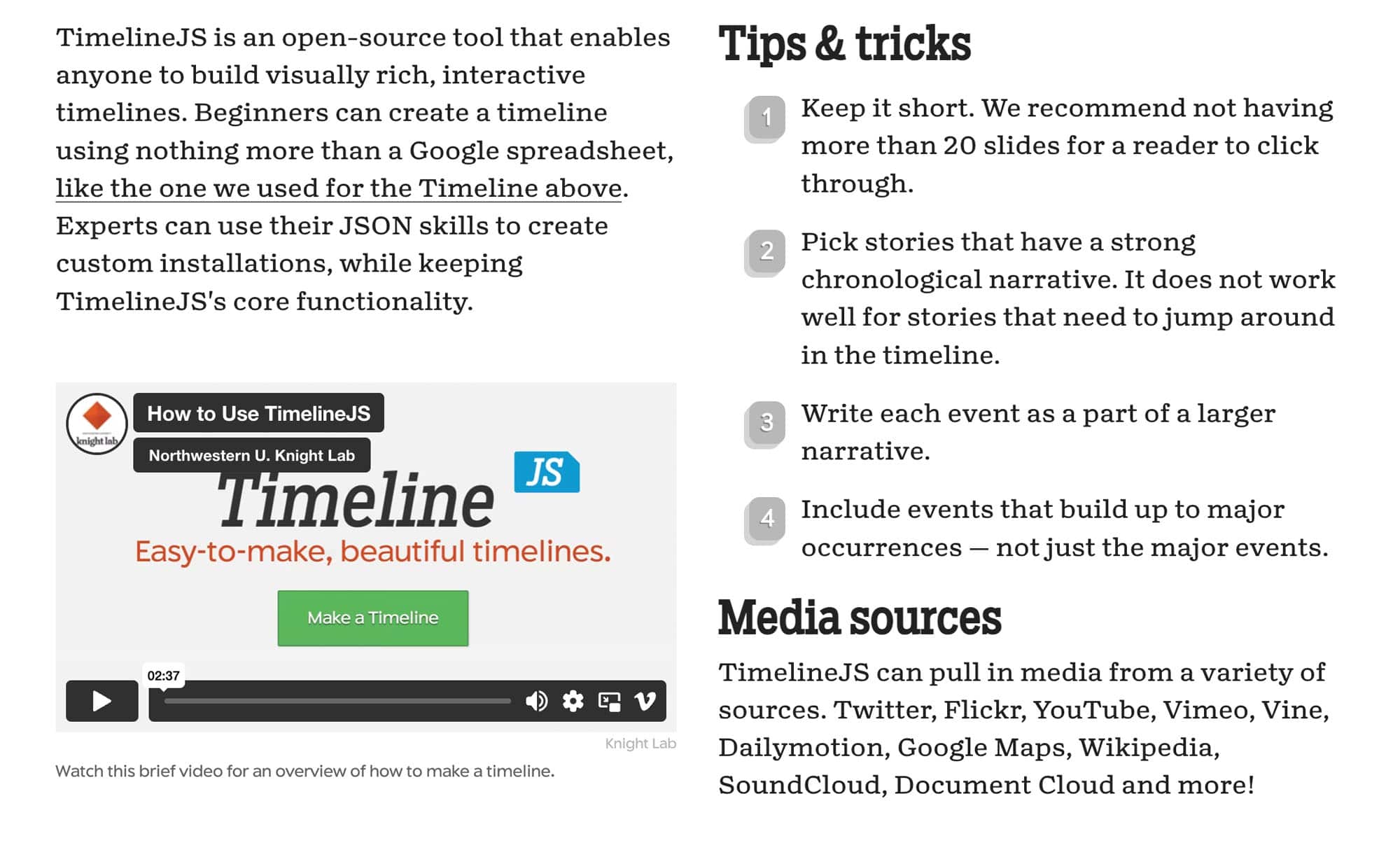 Timeline JS tips and tricks page screenshot