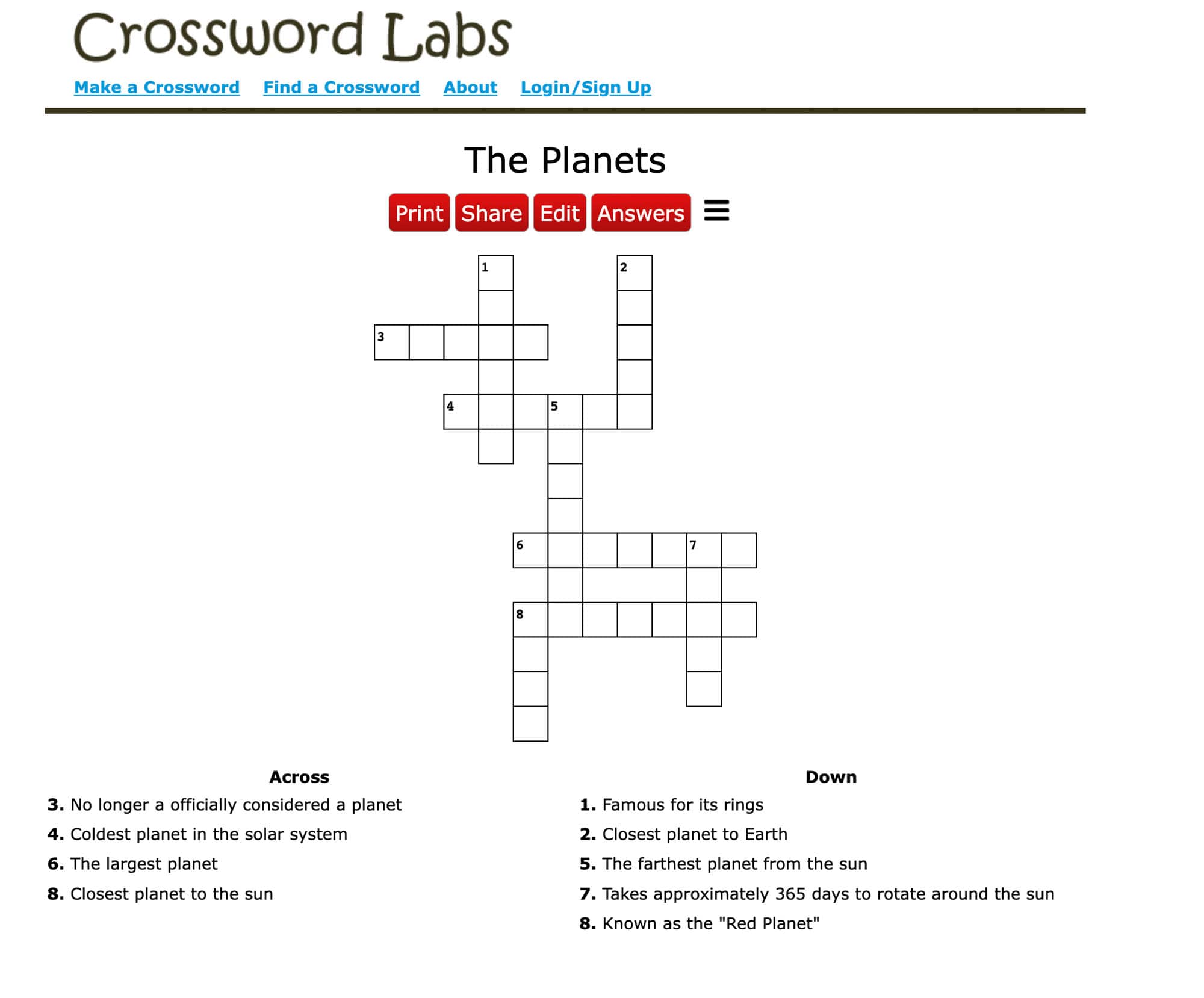 Screenshot of an example crossword from Crossword Labs