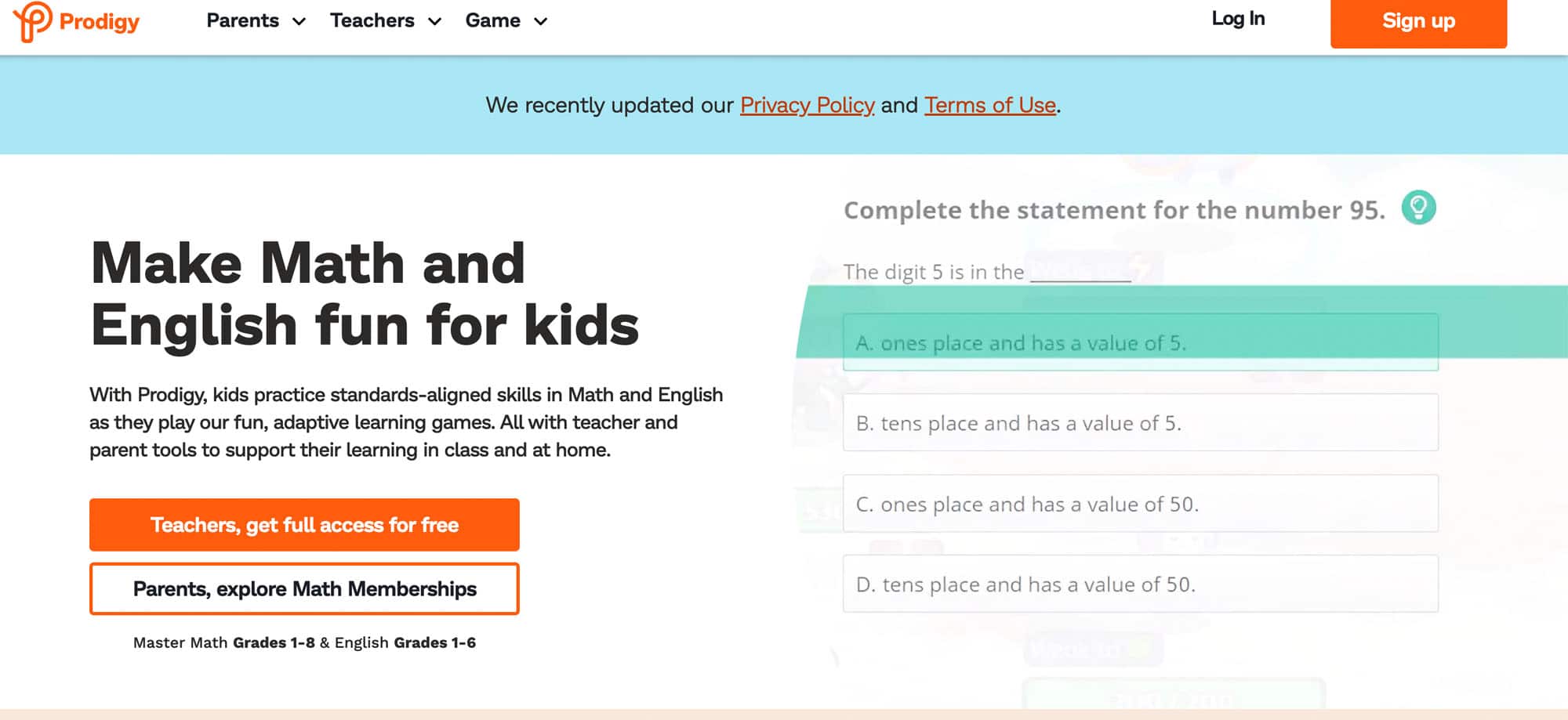 Prodigy game screenshot - homepage