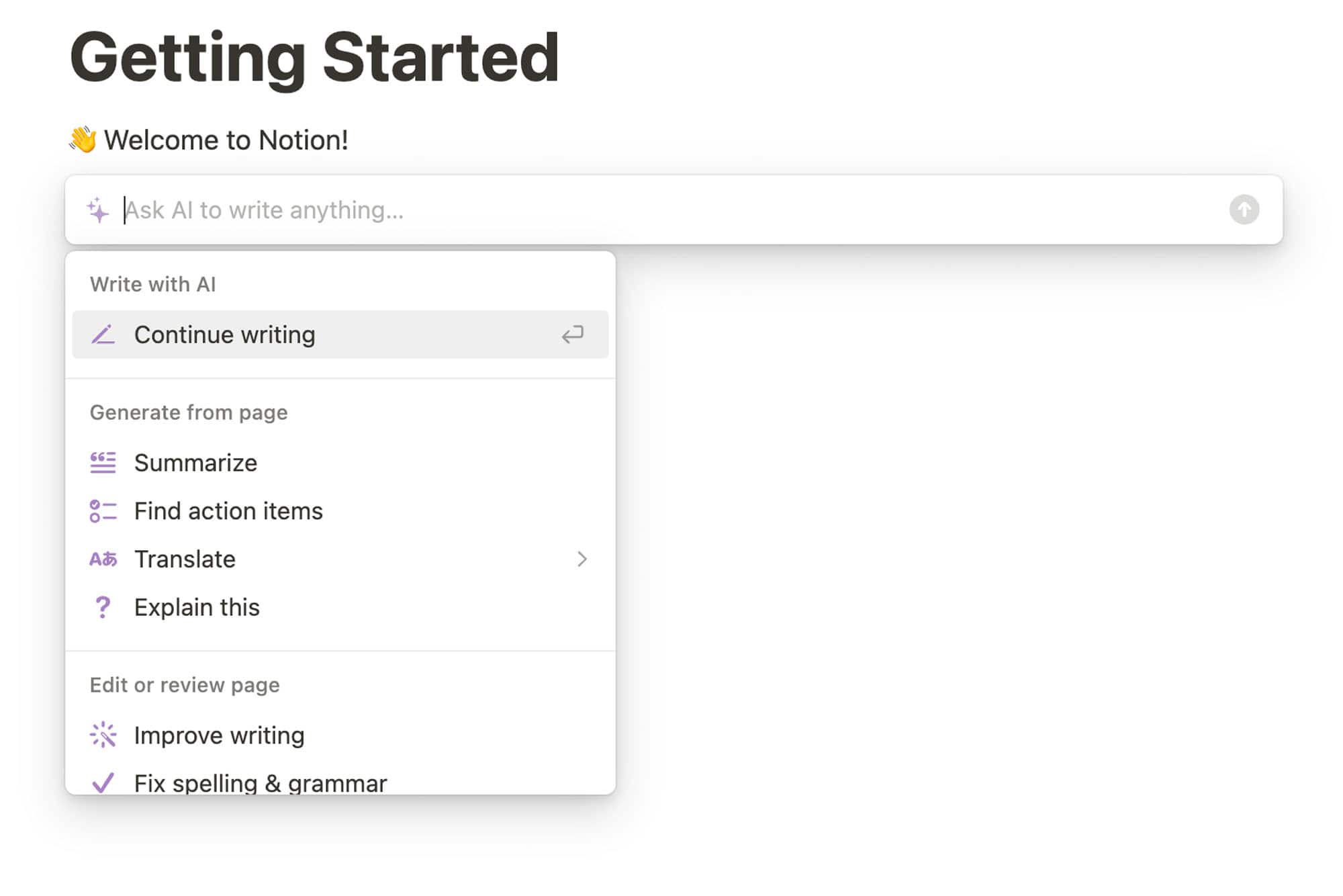 Notion screenshot getting started window