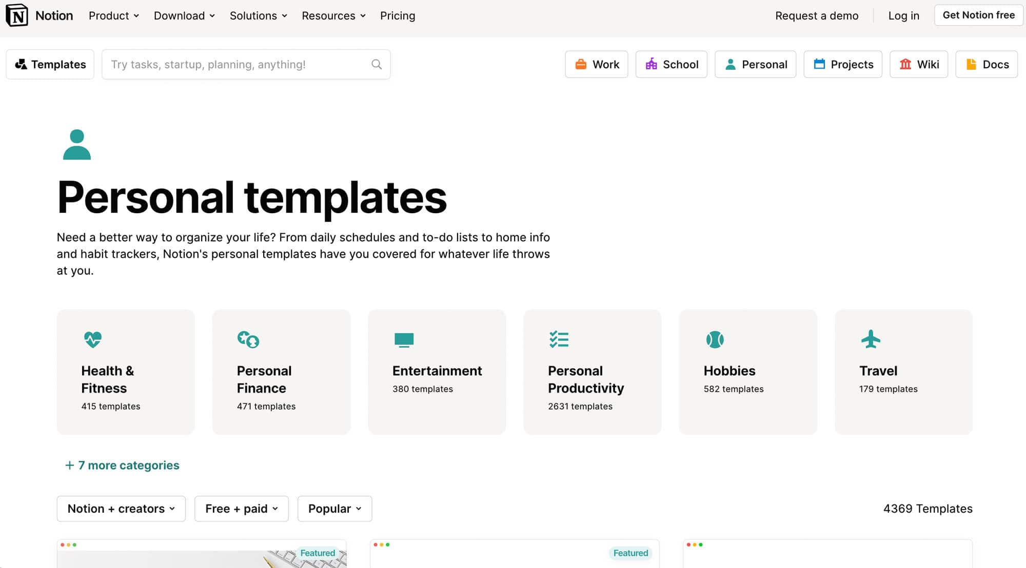 Notion screenshot - template selector