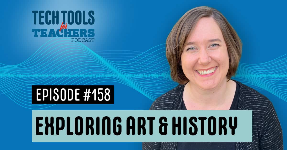 A photo of Shanna Martin over a blue background soundwaves behind her. The text says Episode 158 and "Exploring Art & History"