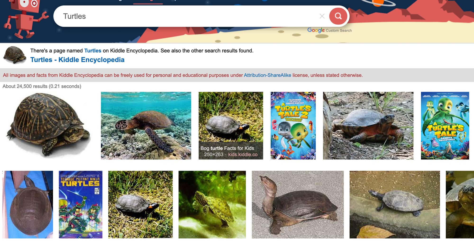 Kiddle search results for turtles.