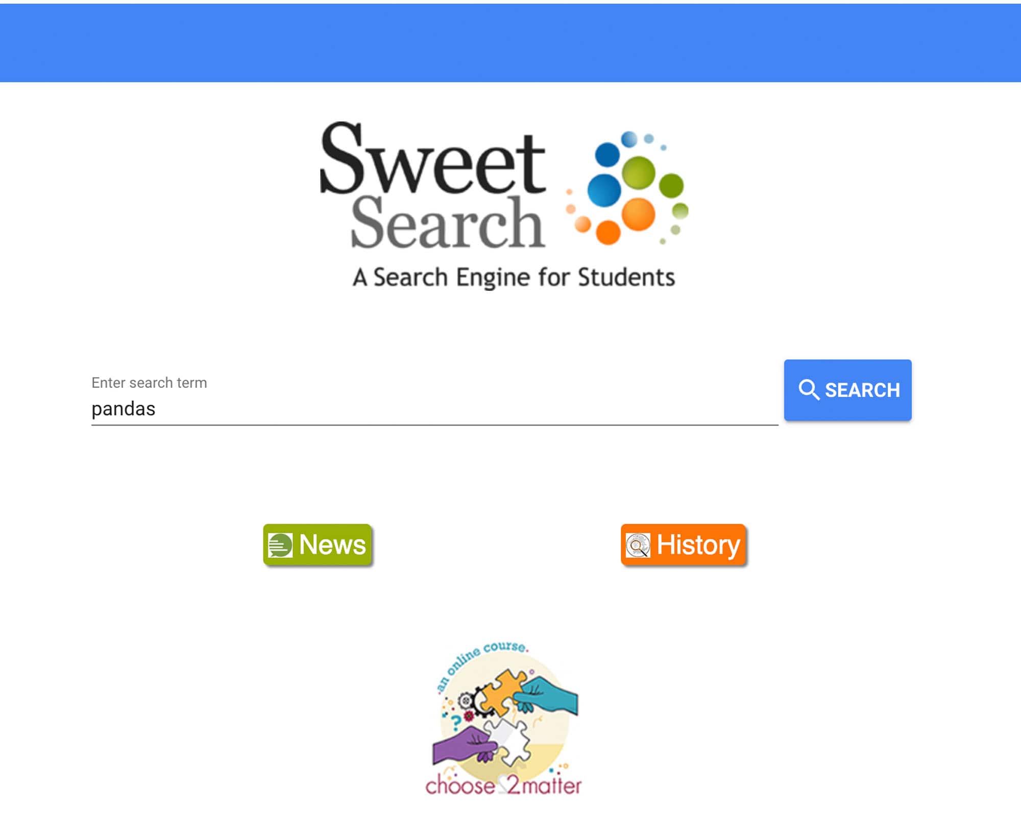 The SweetSearch home page screenshot.