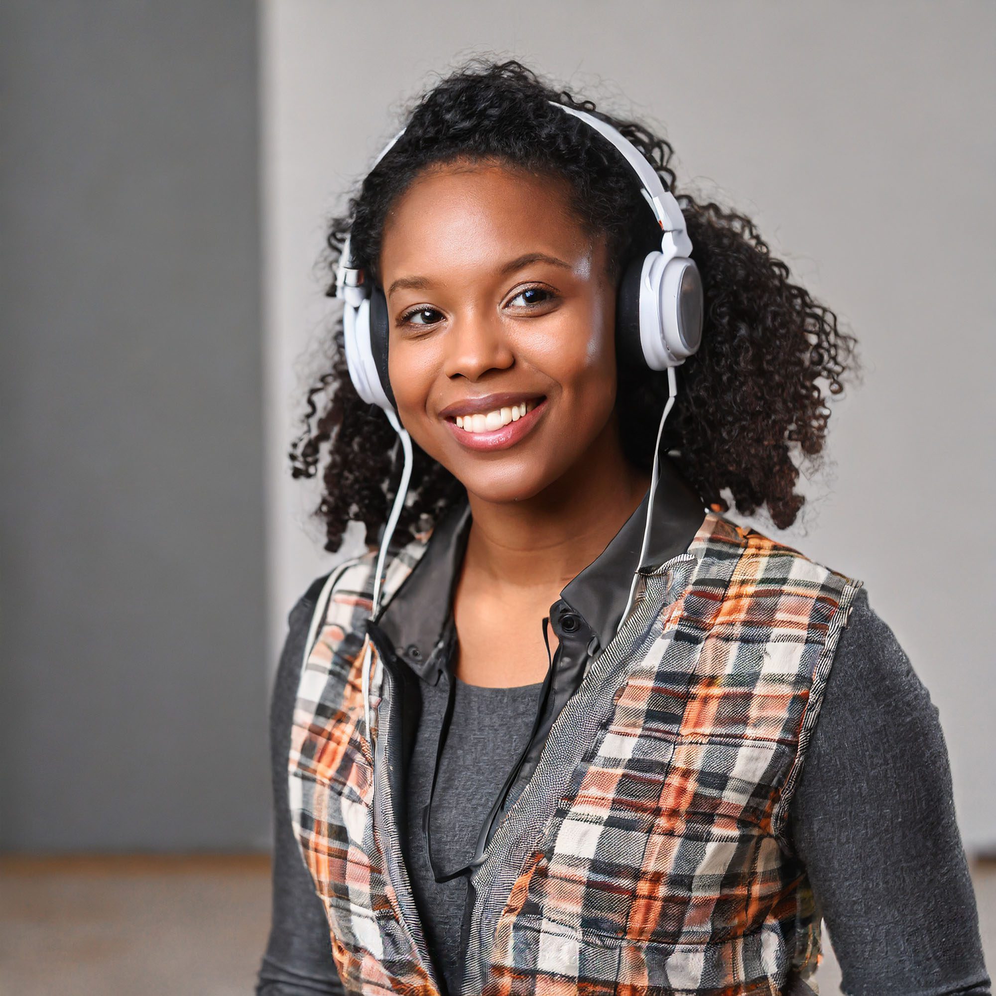 AI generated image of a female podcaster wearing heaphones.