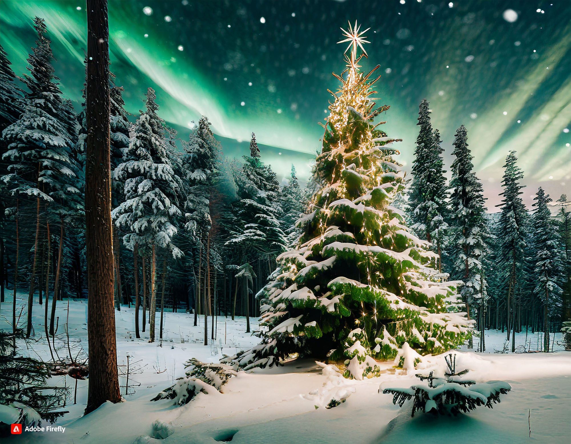 Four AI generated images of a beautifully lit Christmas tree in the woods