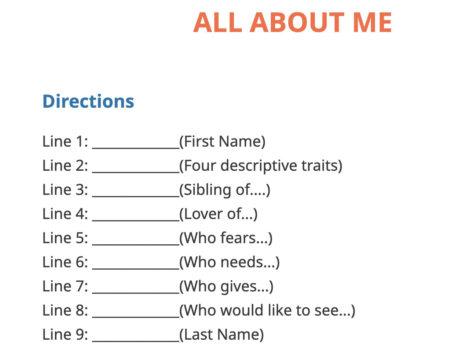 Example all about me poem from Poetry Games