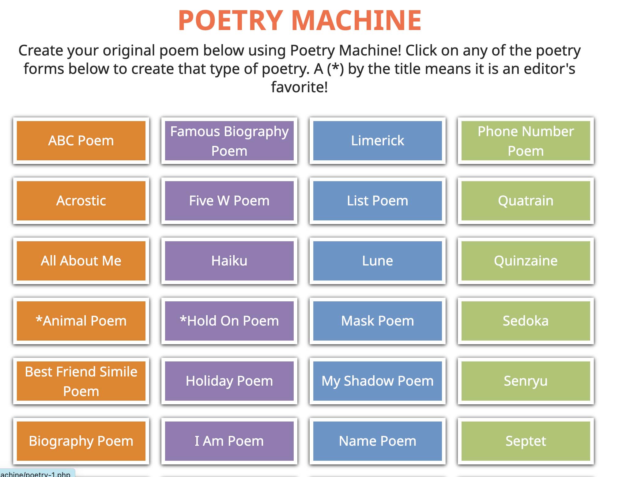 Poetry Games screenshot of poetry style selector