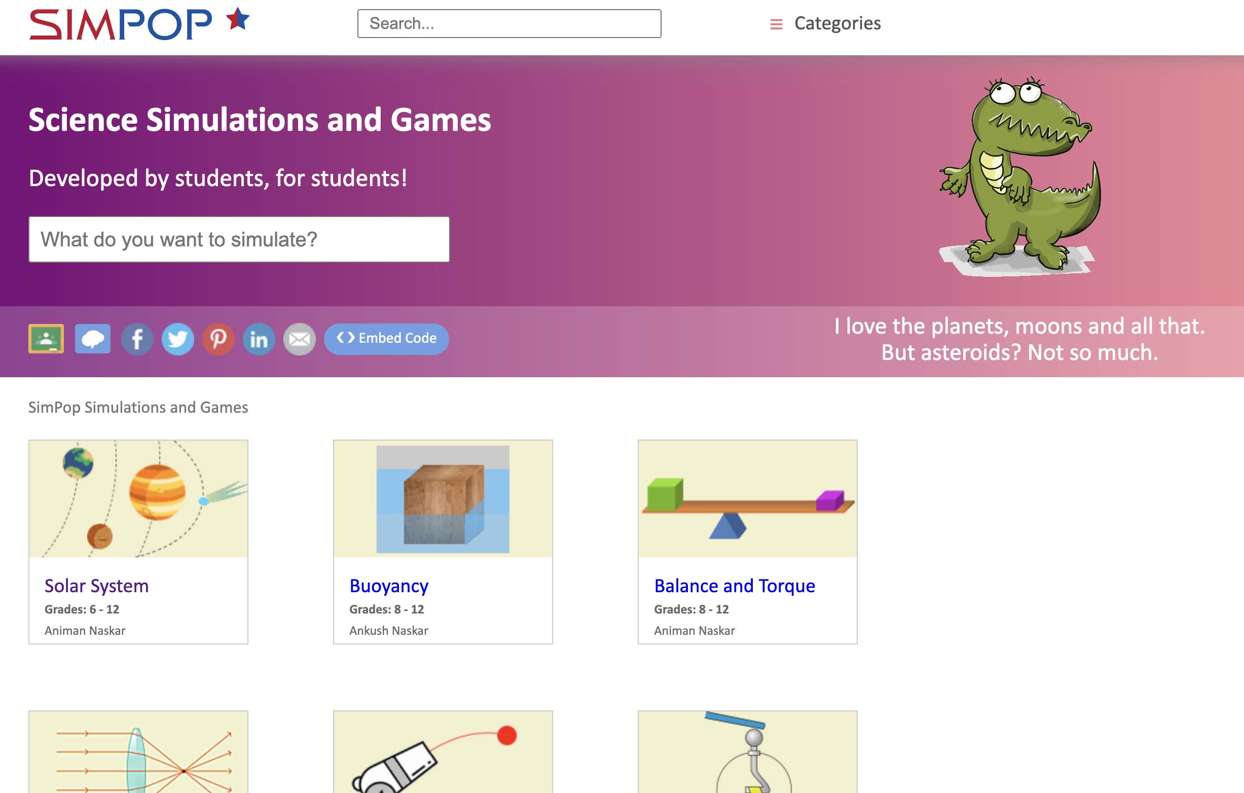 This image shows the "Science Simulations and Games" section of the SimPop website. It features six different simulations and games covering topics such as the Solar System, Buoyancy, and Balance and Torque, all developed by students for other students.