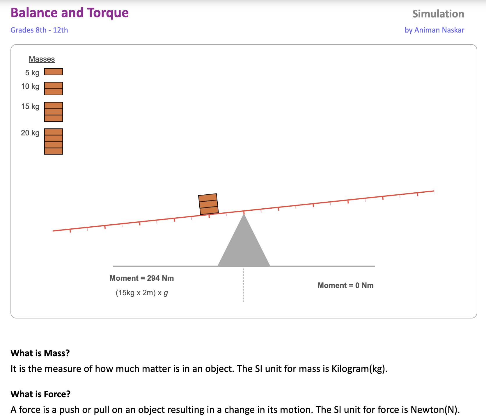 This image shows the "Balance and Torque" simulation, which is designed for grades 8-12 and developed by Animan Naskar. The simulation displays a teeter-totter-like setup with different masses placed on either side, and the user can adjust the masses to explore the concept of balance and torque.