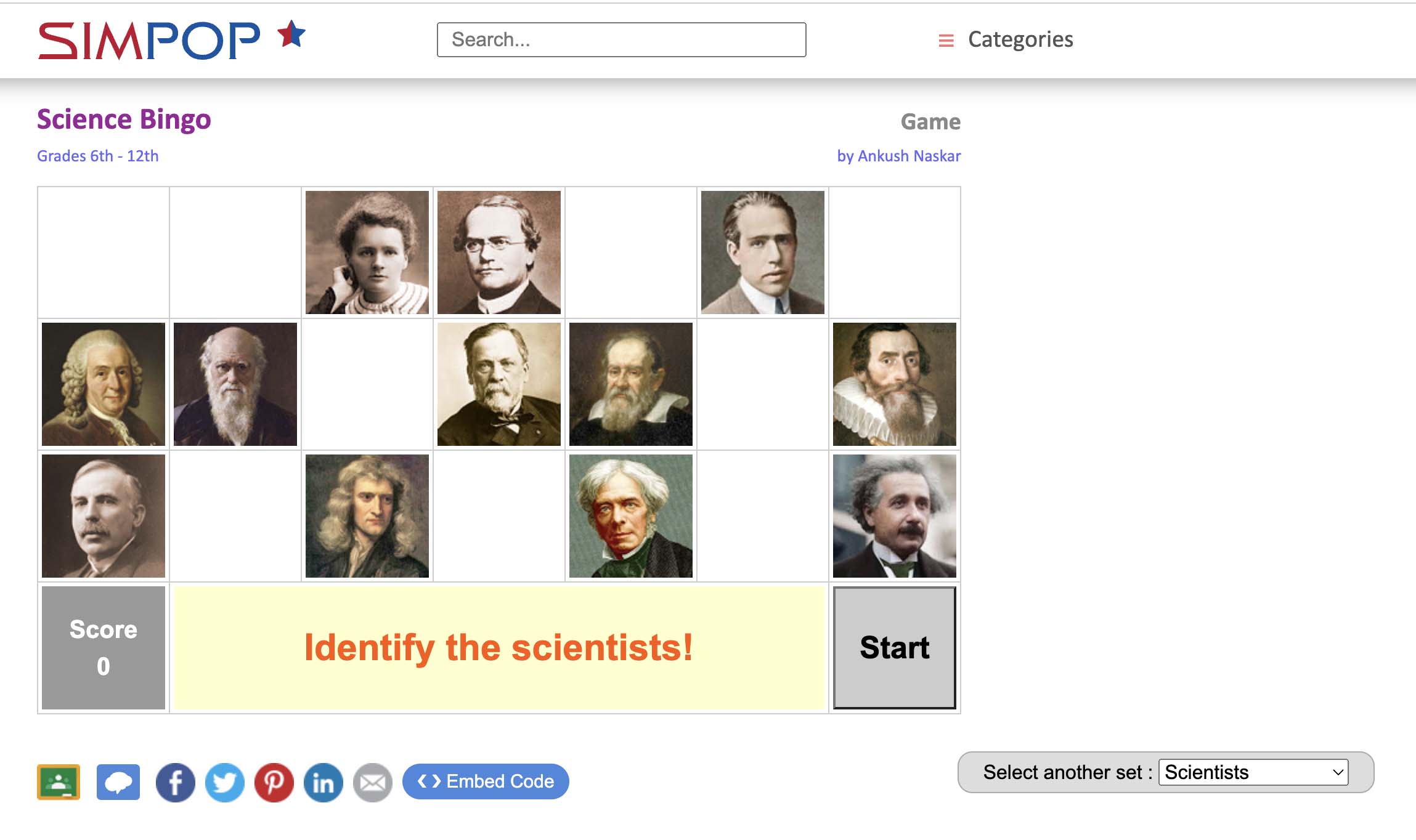 This image shows a "Science Bingo" game grid featuring portraits of various historical scientists. The game is designed for grades 6-12 and is developed by Ankush Naskar. The objective is to identify the scientists shown in the portraits.