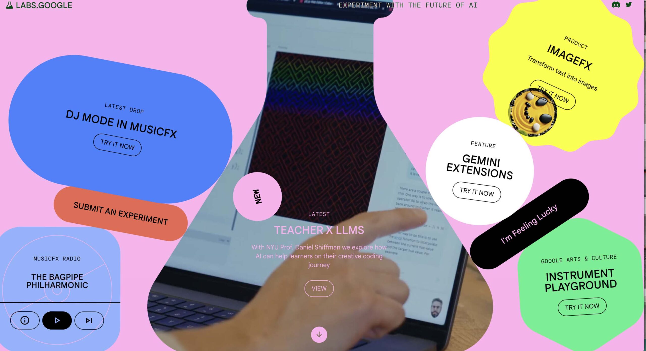 A screenshot from the Google Labs homepage, featuring various experimental projects to try out, like Teachable Machine with NYU Professor Daniel Shiffman, Instrument Playground, MusicFX, Gemini Extensions, and ImageFx to transform text into images.