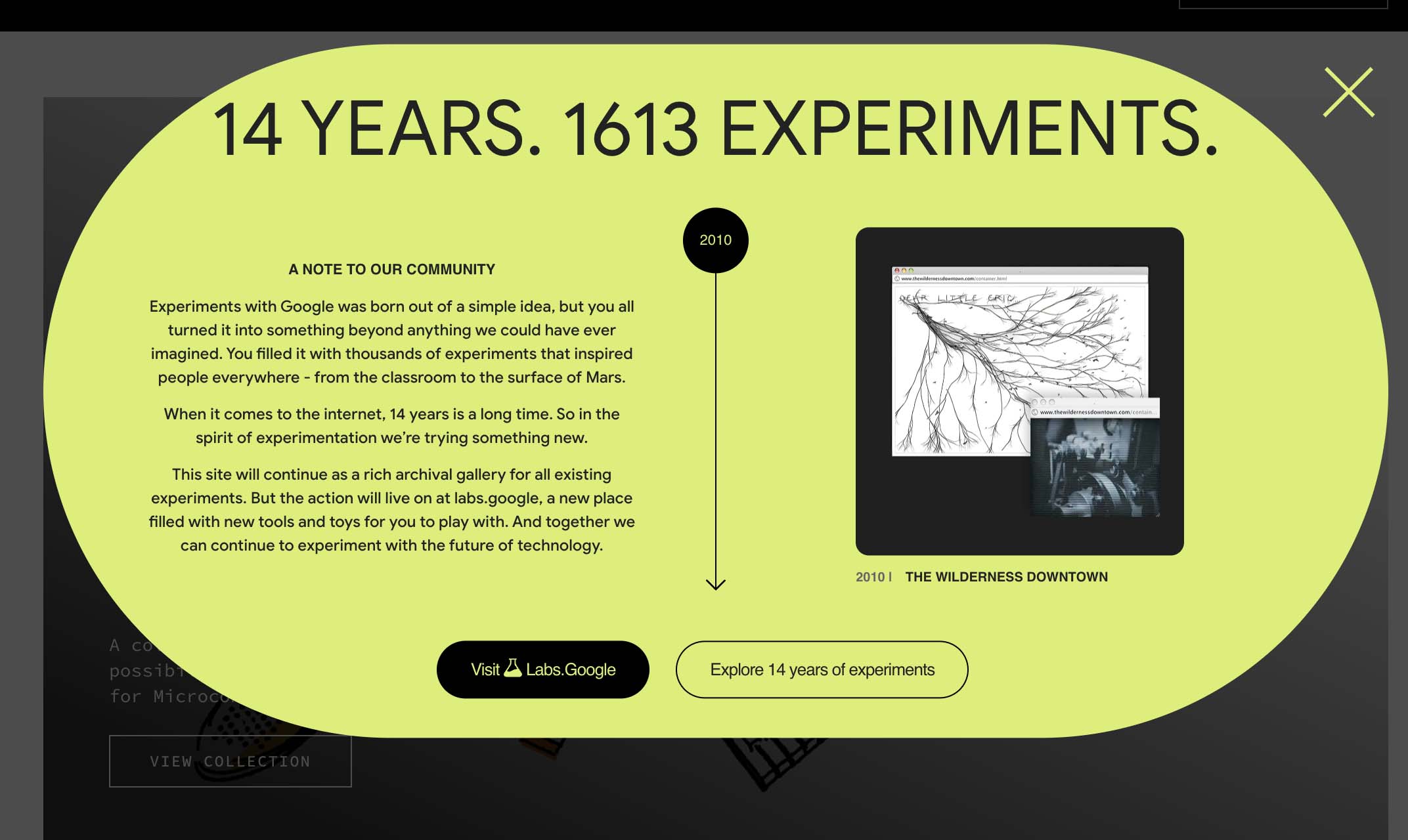A screenshot from the Google Experiments homepage, which is being replaced by Google Labs. The text mentions that Experiments with Google was born out of a simple idea 14 years ago, which turned into thousands of experiments that inspired people everywhere. The site will continue as an archival gallery while the action moves to Google Labs, a new place filled with tools and toys to play with while experimenting with future technologies.