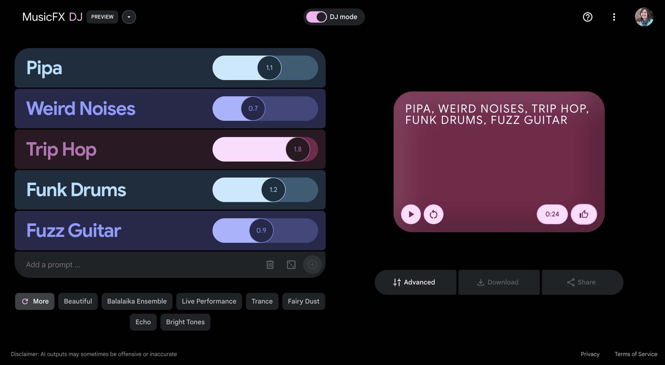 A screenshot of the MusicFX DJ feature in Google Labs, showing sliders to adjust the levels of different sound effects like pipa, weird noises, trip hop, funk drums, and fuzz guitar.