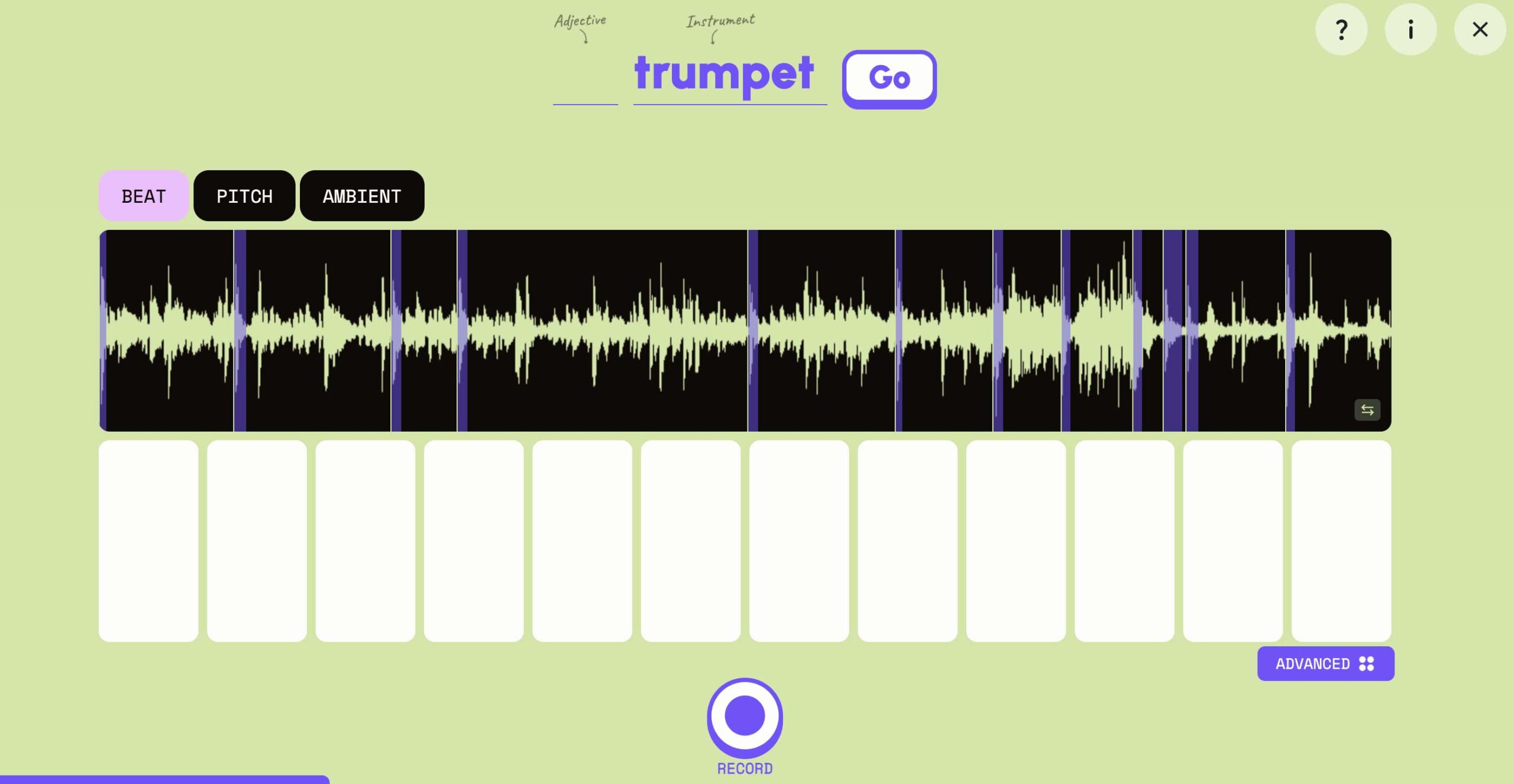 A screenshot of the Instrument Playground feature in Google Labs, showing a trumpet interface that allows you to play notes by clicking the keys, and adjust the beat, pitch and ambient sound using the sliders. There is also a "Go" and "Record" button.