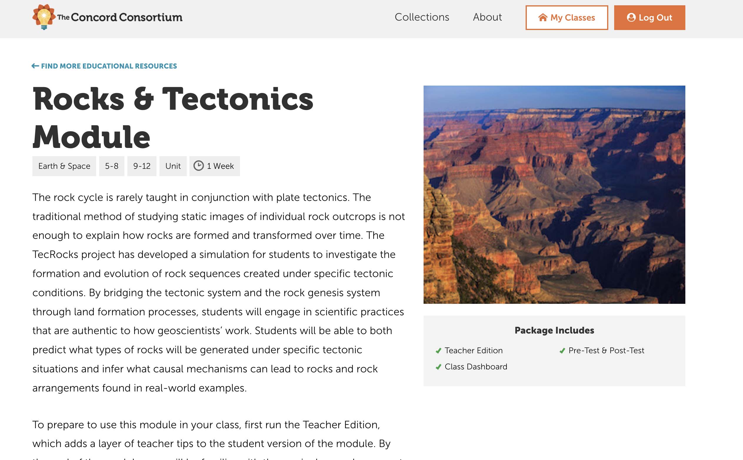 The Rocks & Tectonics Module page on the Concord Consortium website, with an image of the Grand Canyon and text explaining that the module allows students to investigate rock formation and evolution through land formation processes.