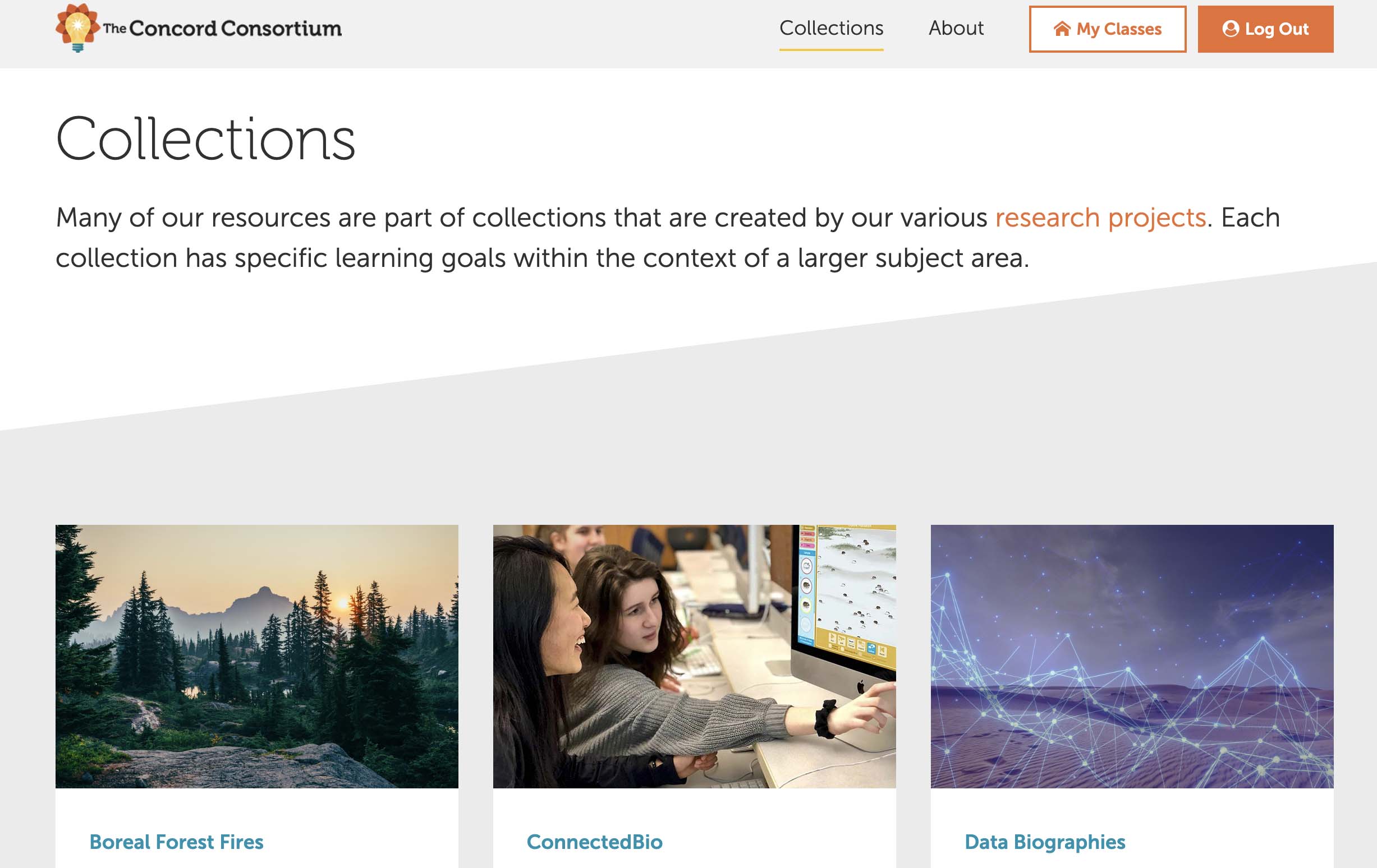 The Concord Consortium website showing a Collections page with images of a forest, students in a classroom, and data visualizations. The My Classes button is highlighted in the navigation menu.