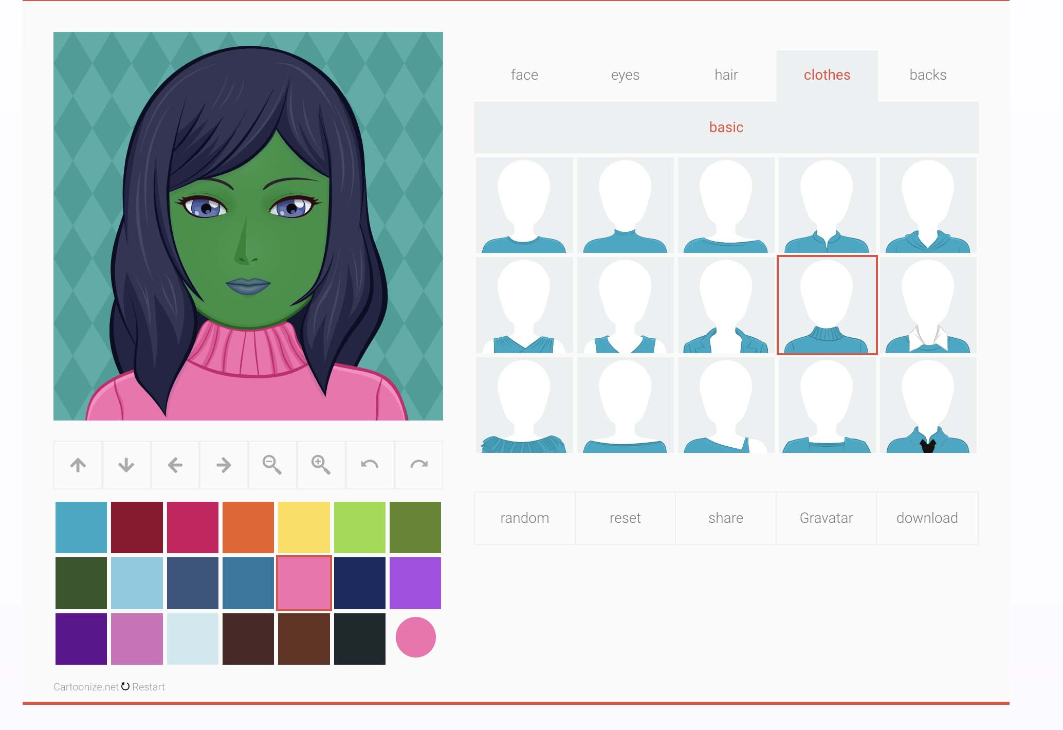 Screenshot User interface of an avatar creation tool showing a cartoon character with green skin and long brown hair in a blue sweater, with various hairstyle options available on the right.