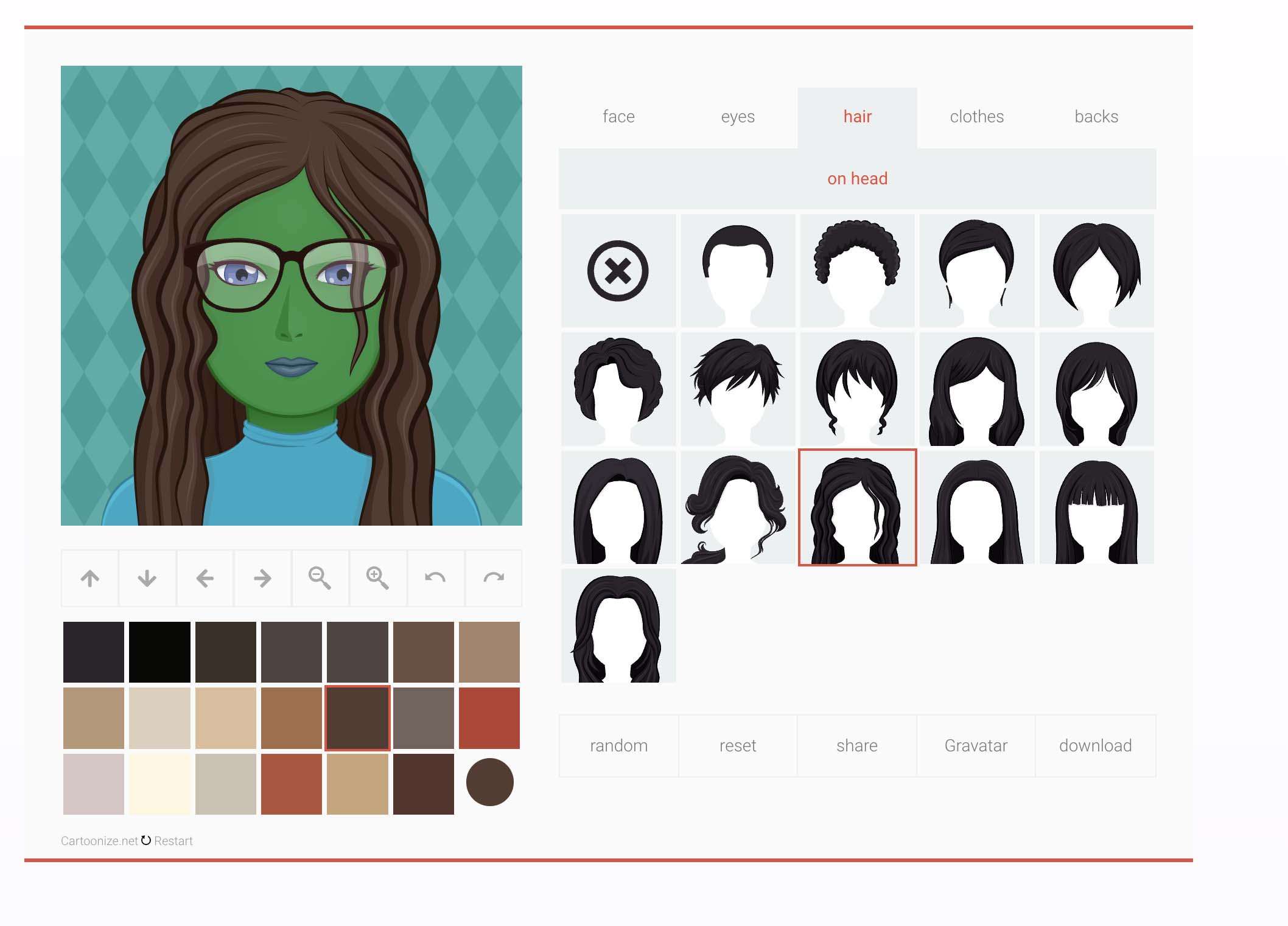 Screenshot Digital avatar editor interface displaying a female character with green skin and long black hair, wearing a pink turtleneck, with different facial feature and clothing options shown below.