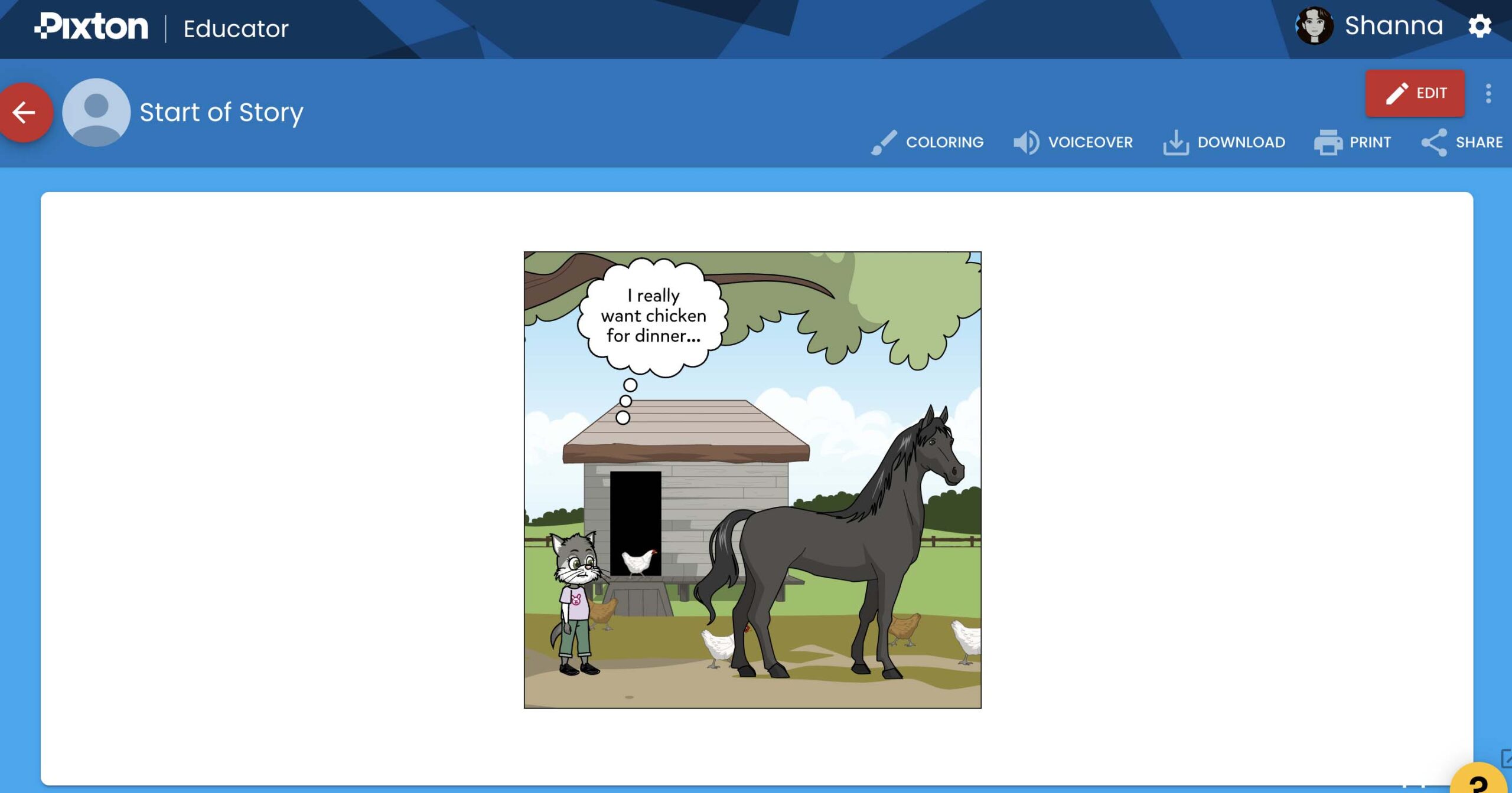 Screenshot Webpage of a comic creator tool with a comic panel on the right featuring a cat character thinking about wanting chicken for dinner and various comic creation tools displayed on the left.