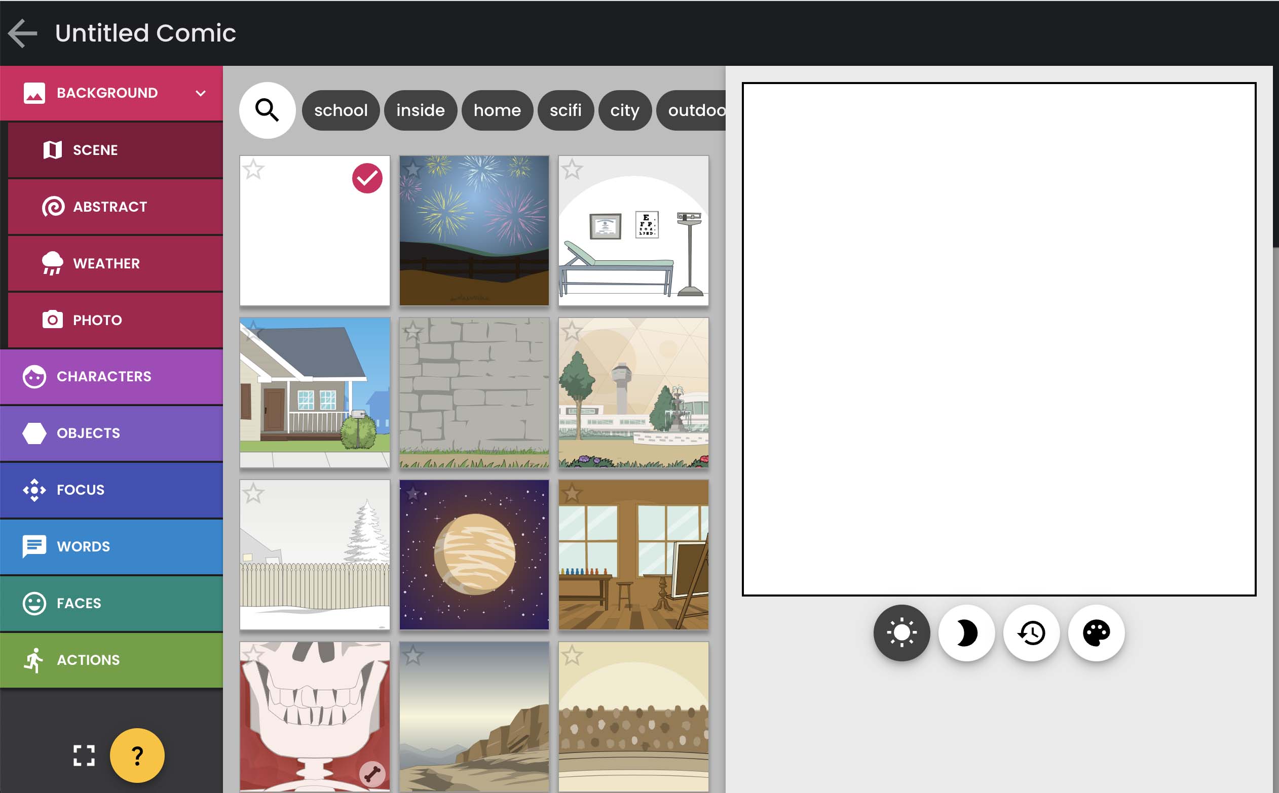 Screenshot Interface of a comic creator tool with options for background settings showcasing various scenes, including indoor and outdoor environments.