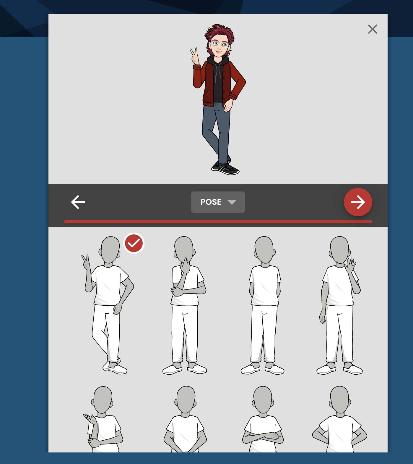 Screenshot Comic creation tool interface showcasing a character editor screen with a female character in casual clothing, with options for different poses.
