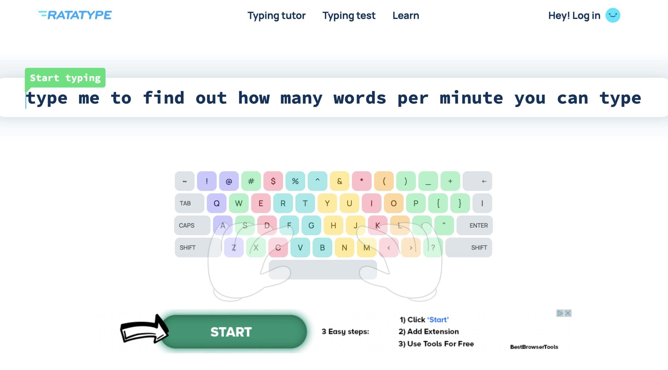 Screenshot Screenshot of the RataType website with a multicolored keyboard interface. It includes a 'Start' button to initiate a typing test and steps to enhance typing skills using various tools.