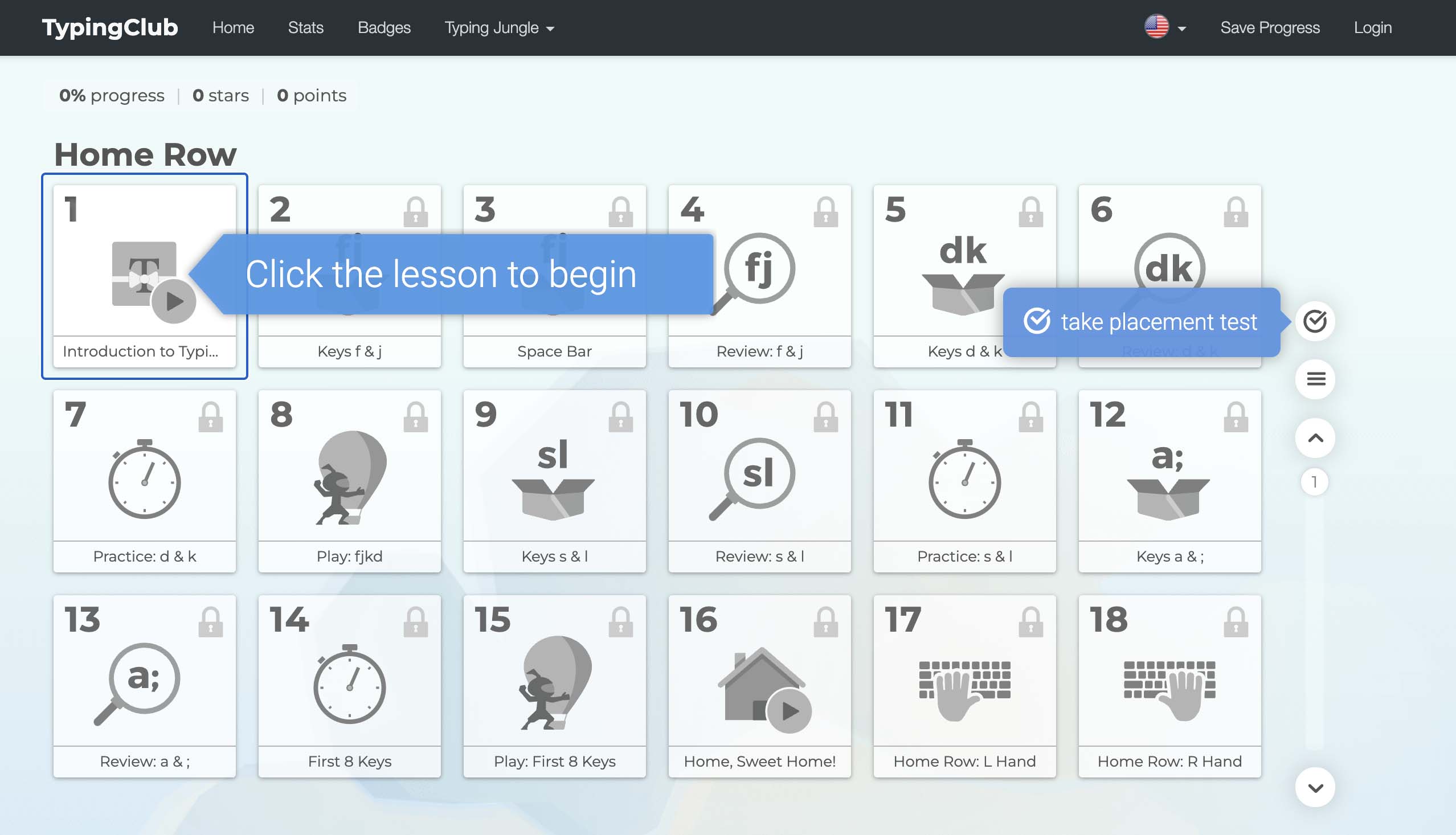 Screenshot Homepage of TypingClub displaying various typing lessons from introduction to advanced levels, including keys F and J, space bar, and the home row. The layout is user-friendly with clear navigation.