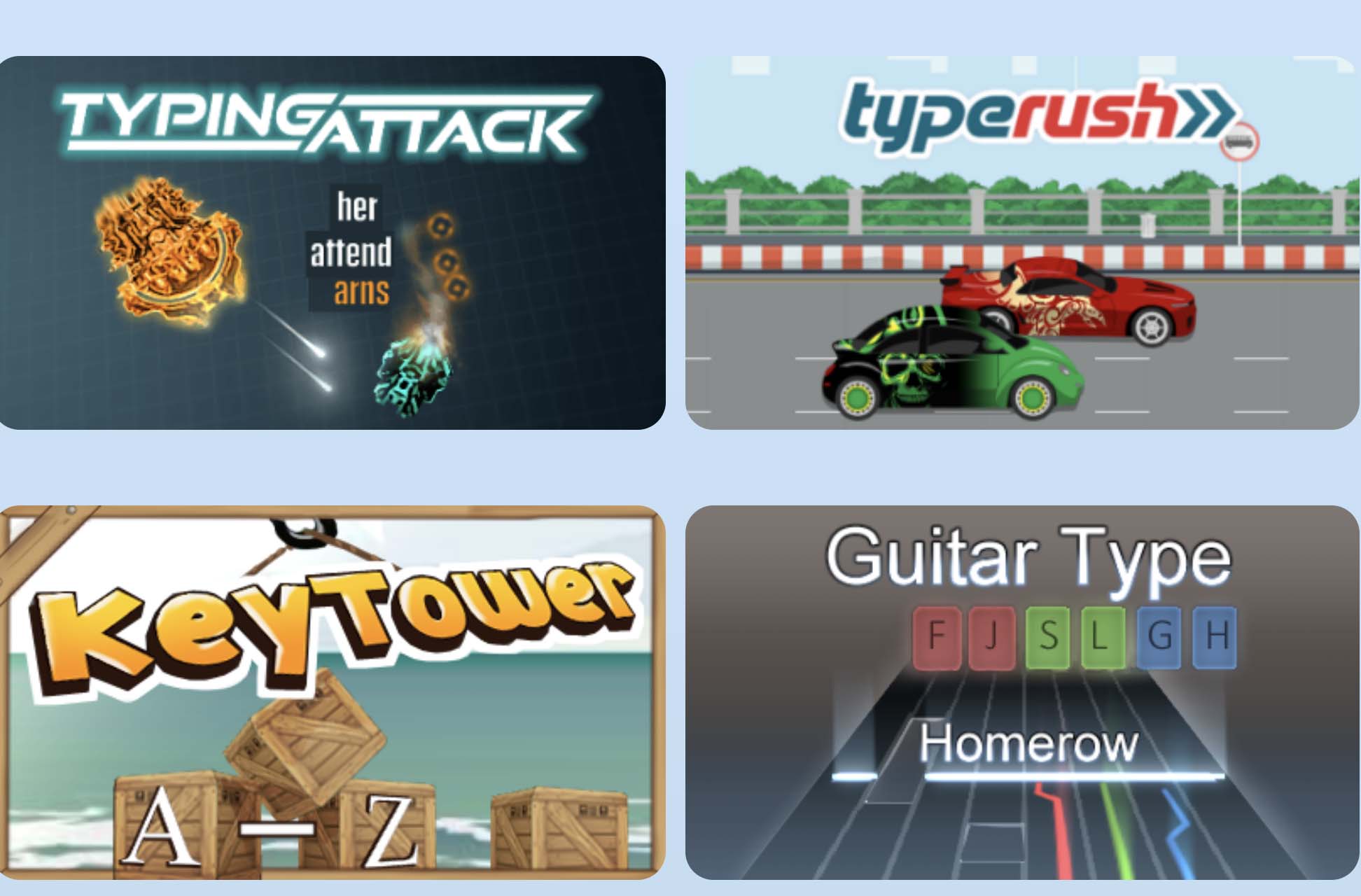 Screenshot Collage of typing games featuring Typing Attack, TypeRush, KeyTower, and Guitar Type. Each game's thumbnail highlights different typing challenges, from flaming meteors to racing cars.