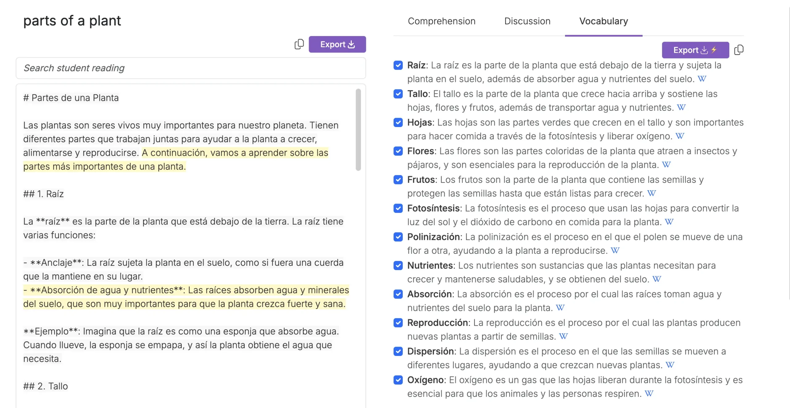 A reading comprehension section in QuestionWell featuring content in Spanish about plant parts. The section lists parts like roots and stems and explains their functions. On the right, learning outcomes and comprehension questions are displayed, with options to export or assign the material.