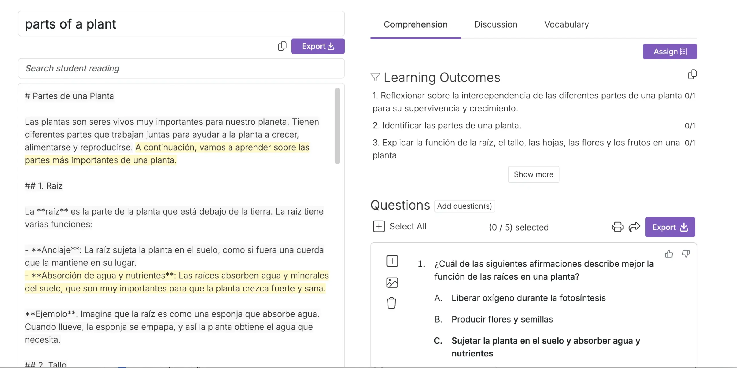 Another section of QuestionWell showing Spanish vocabulary for “parts of a plant.” Vocabulary words such as “root” and “photosynthesis” are listed with definitions on the right. On the left, there is text explaining plant parts, with bold keywords for educational emphasis.
