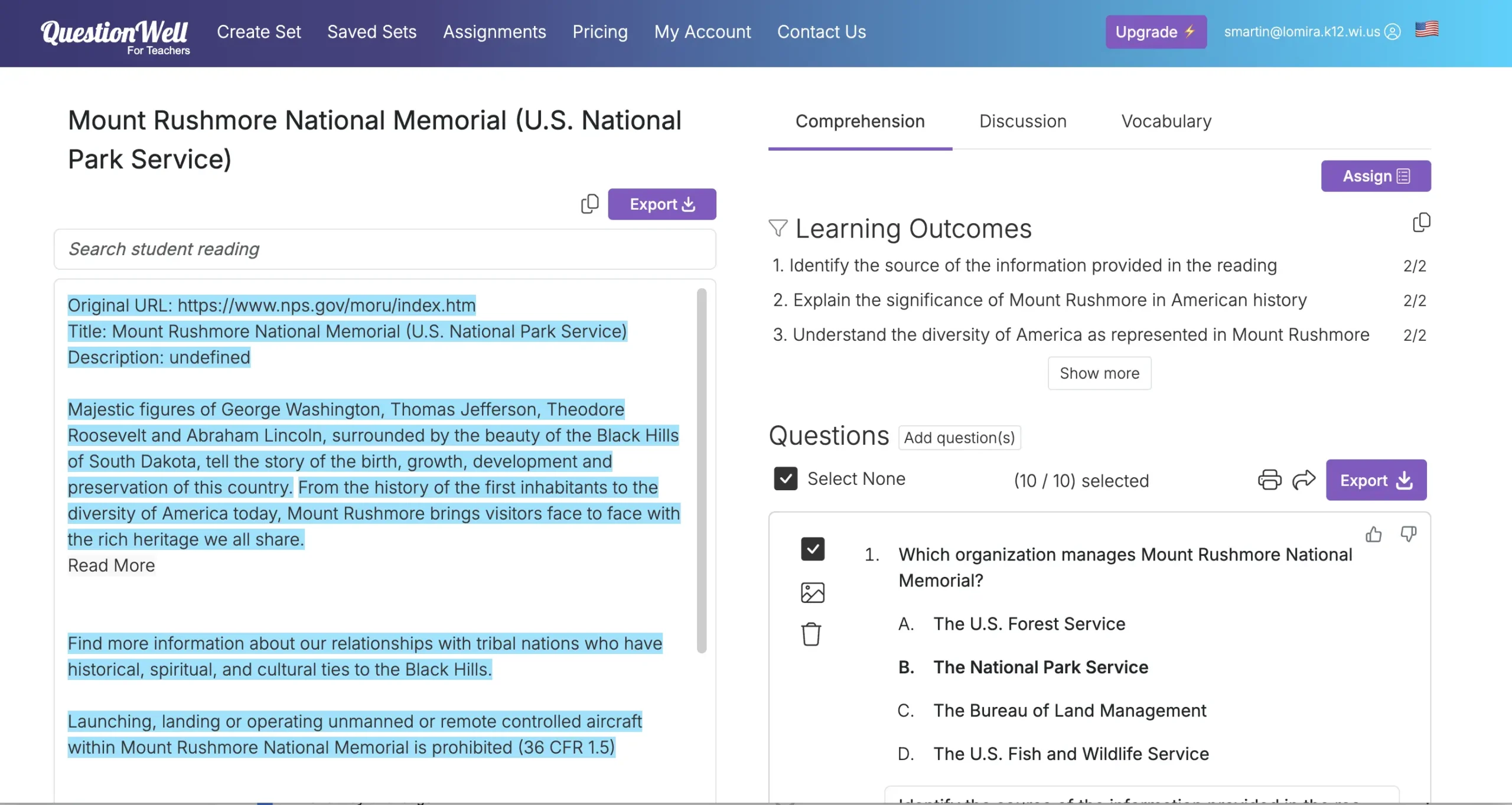 A quiz question generated by QuizGecko titled “Visiting Ellis Island: Ferry Tips.” The first question asks, “Who operates the ferry service to Liberty and Ellis Islands?” with a field for the user to type their answer and a submit button below.