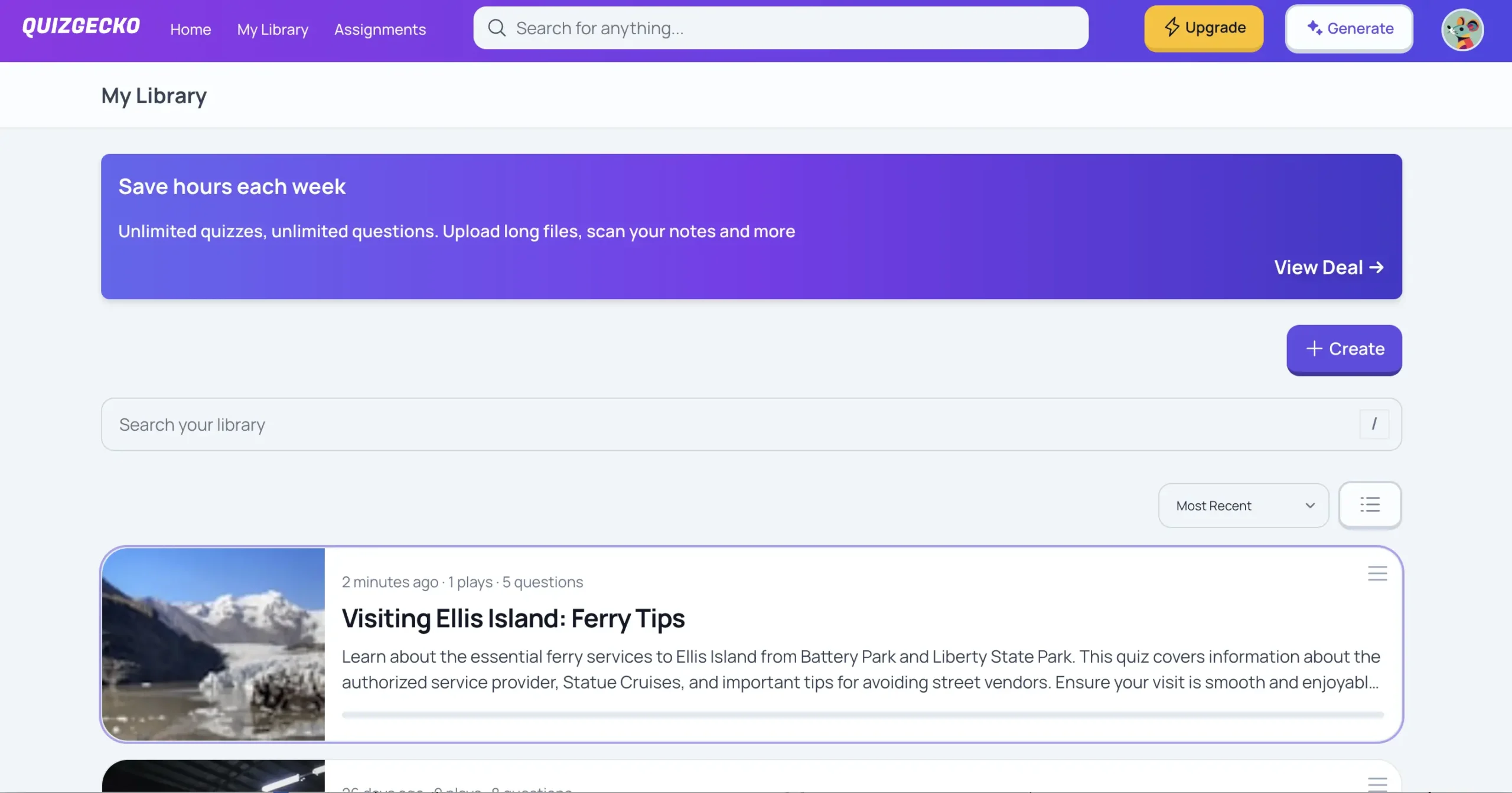 A dashboard view of QuizGecko’s “My Library” section, showing a banner that reads “Save hours each week” and options for quiz creation. One quiz is visible: “Visiting Ellis Island: Ferry Tips,” with details about ferry services and tips for visiting.
